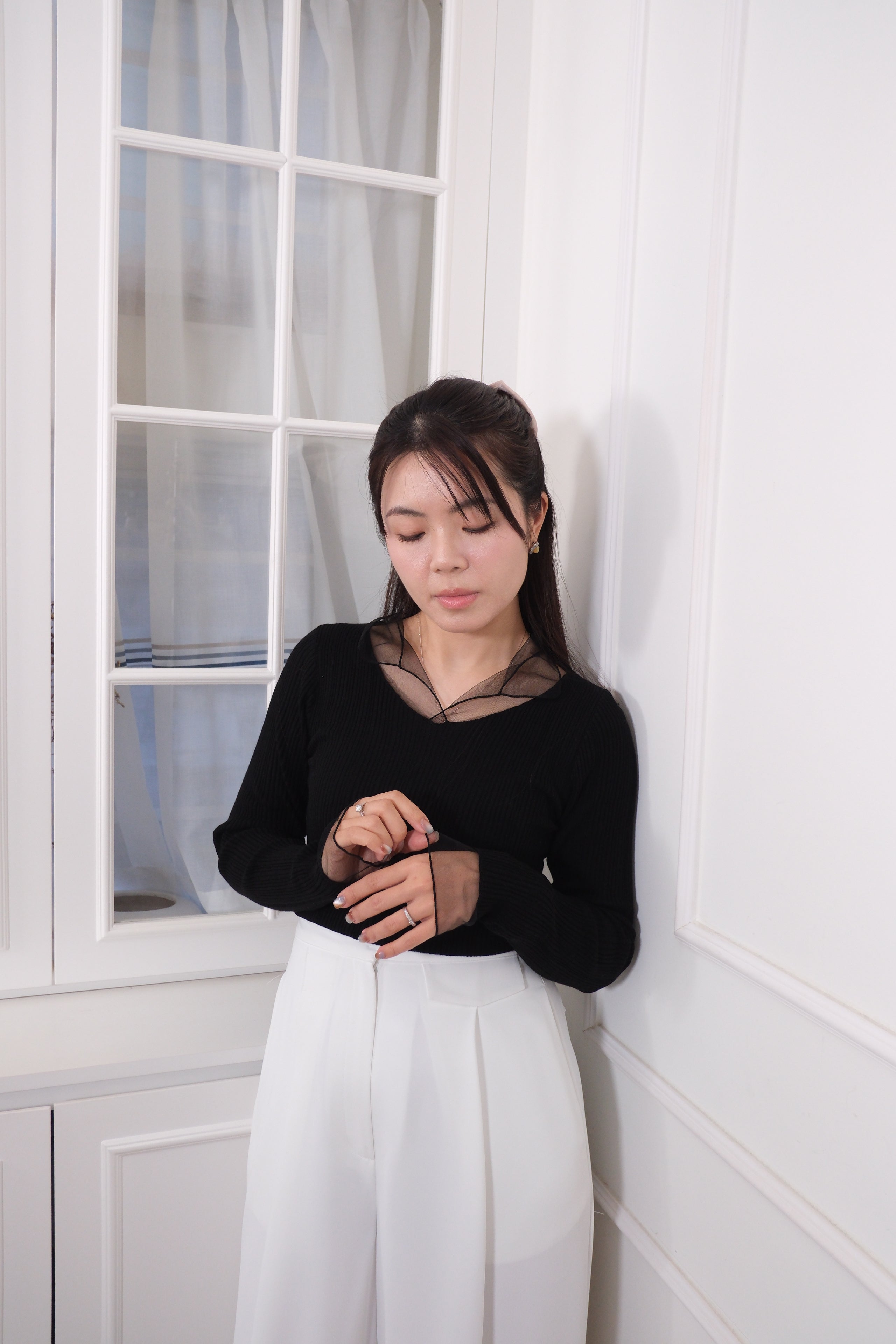 Mesh Overlay Knit Long Sleeve Top [T0258]