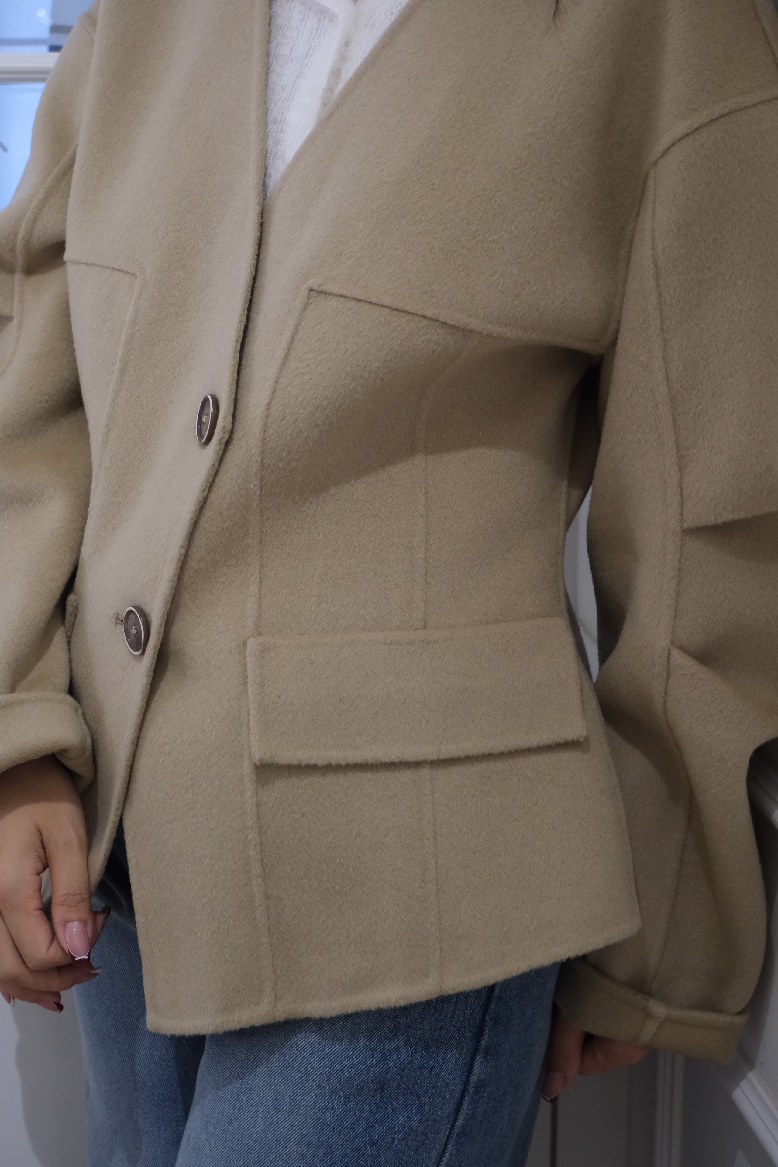 【LE ZANS BRAND COLLECTION】 Khaki Slim Open Chest Coat (100%wool) [J0069]