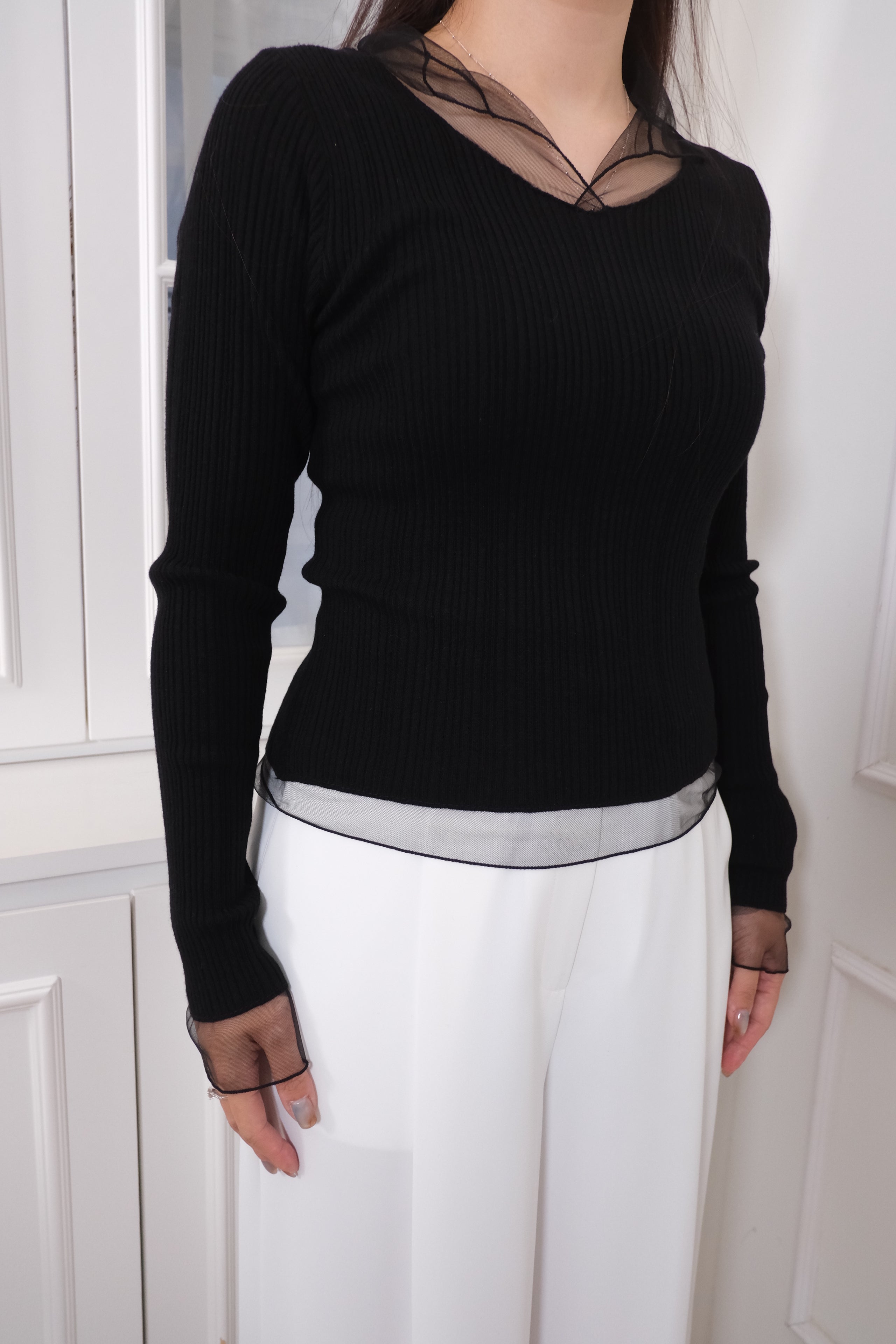 Mesh Overlay Knit Long Sleeve Top [T0258]