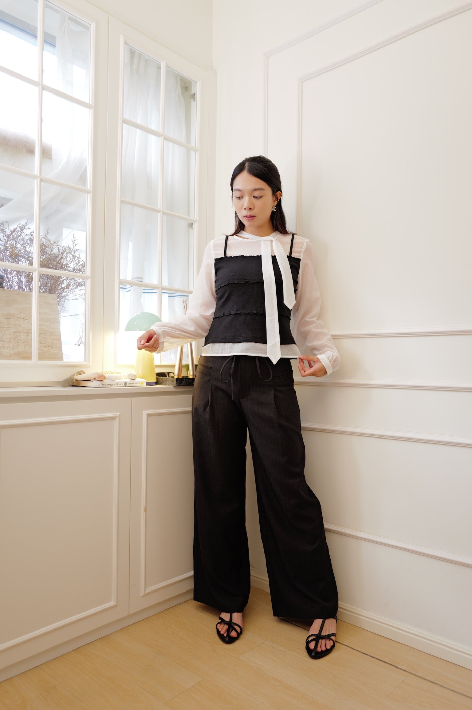【LE ZANS BRAND COLLECTION】French Chic High-Waisted Wide-Leg Trousers with Sash [PT0097]