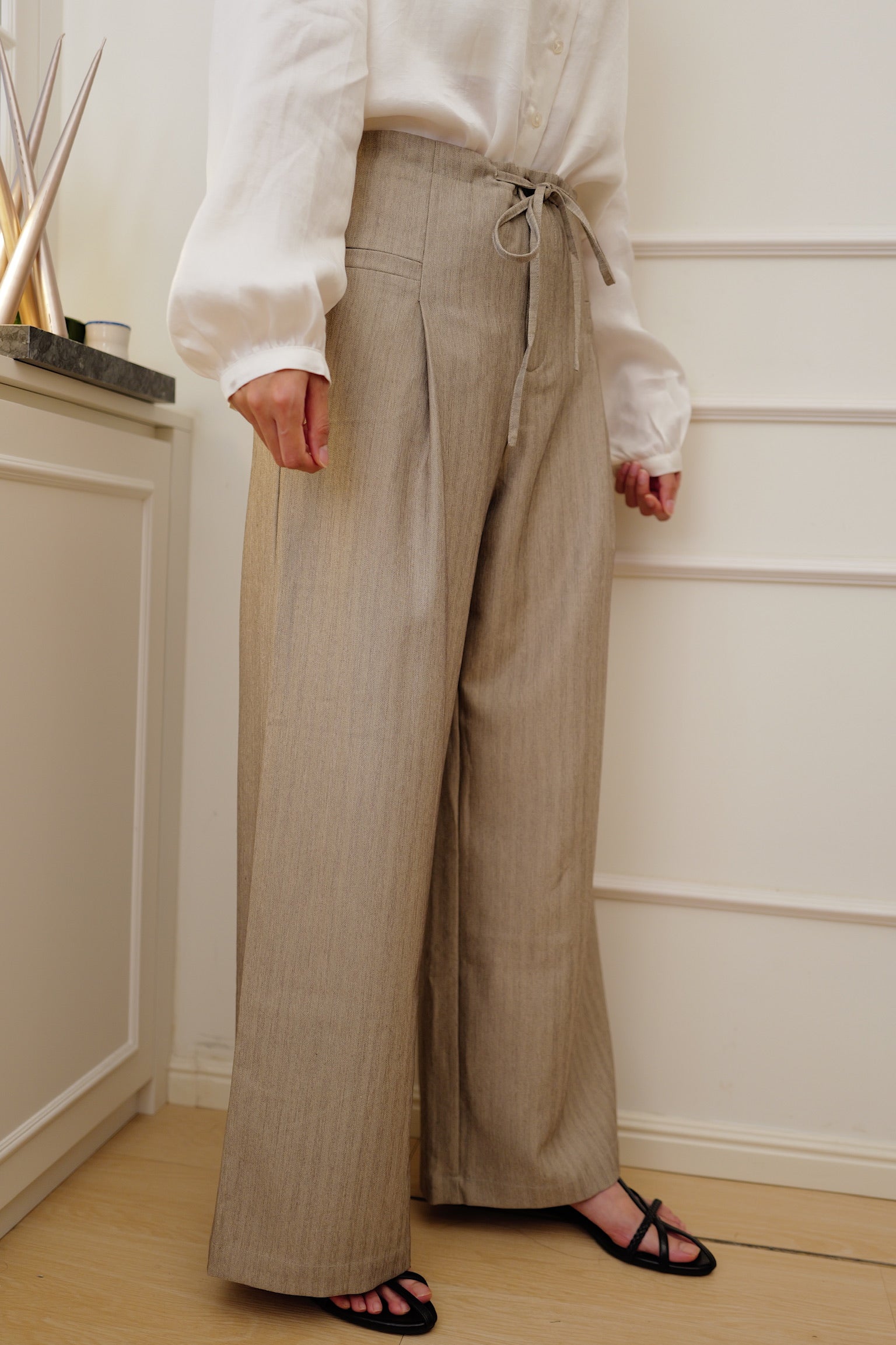 【LE ZANS BRAND COLLECTION】French Chic High-Waisted Wide-Leg Trousers with Sash [PT0097]