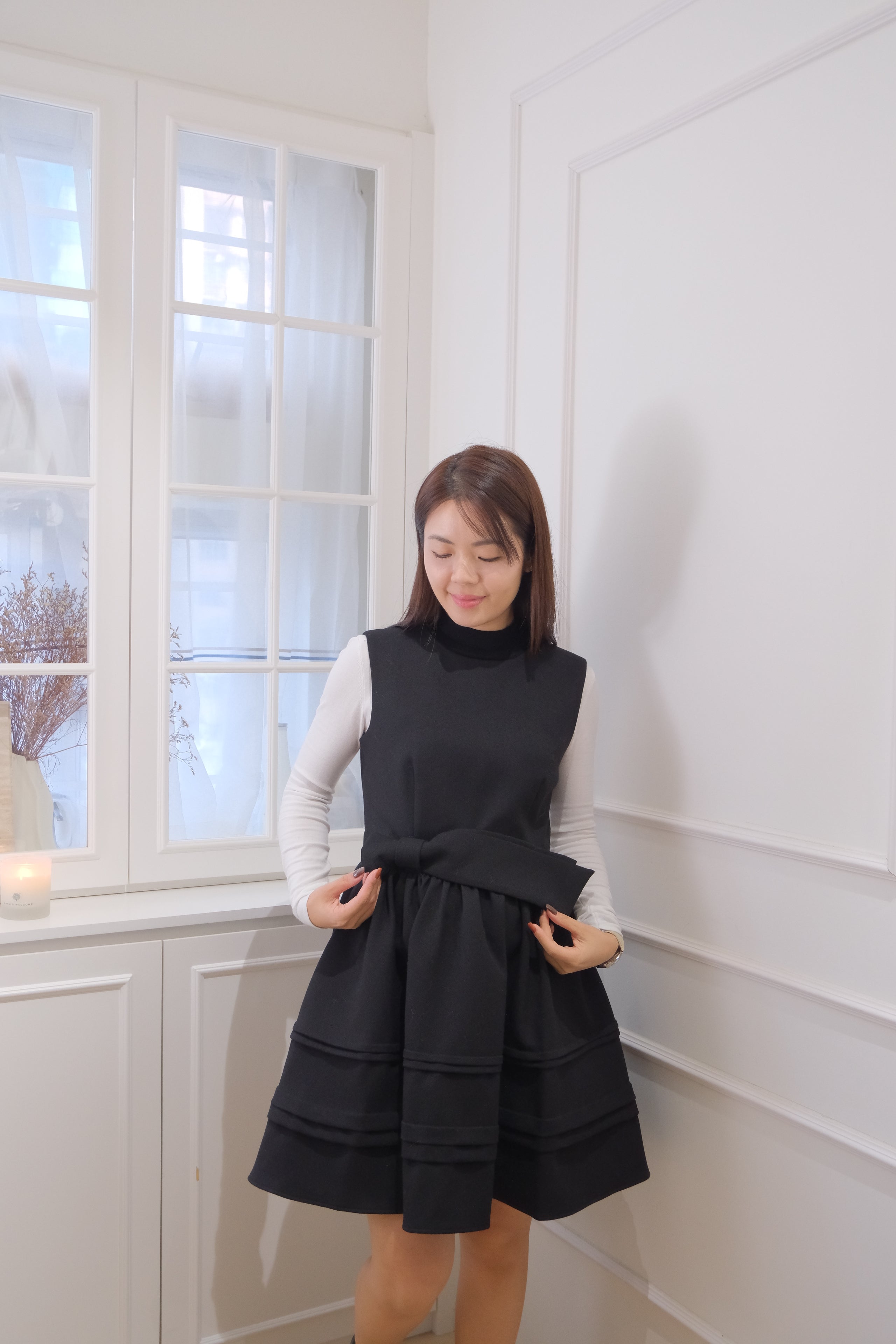 【LE ZANS BRAND COLLECTION】Black Bow-Accented Tiered Babydoll Dress [OPS0176]