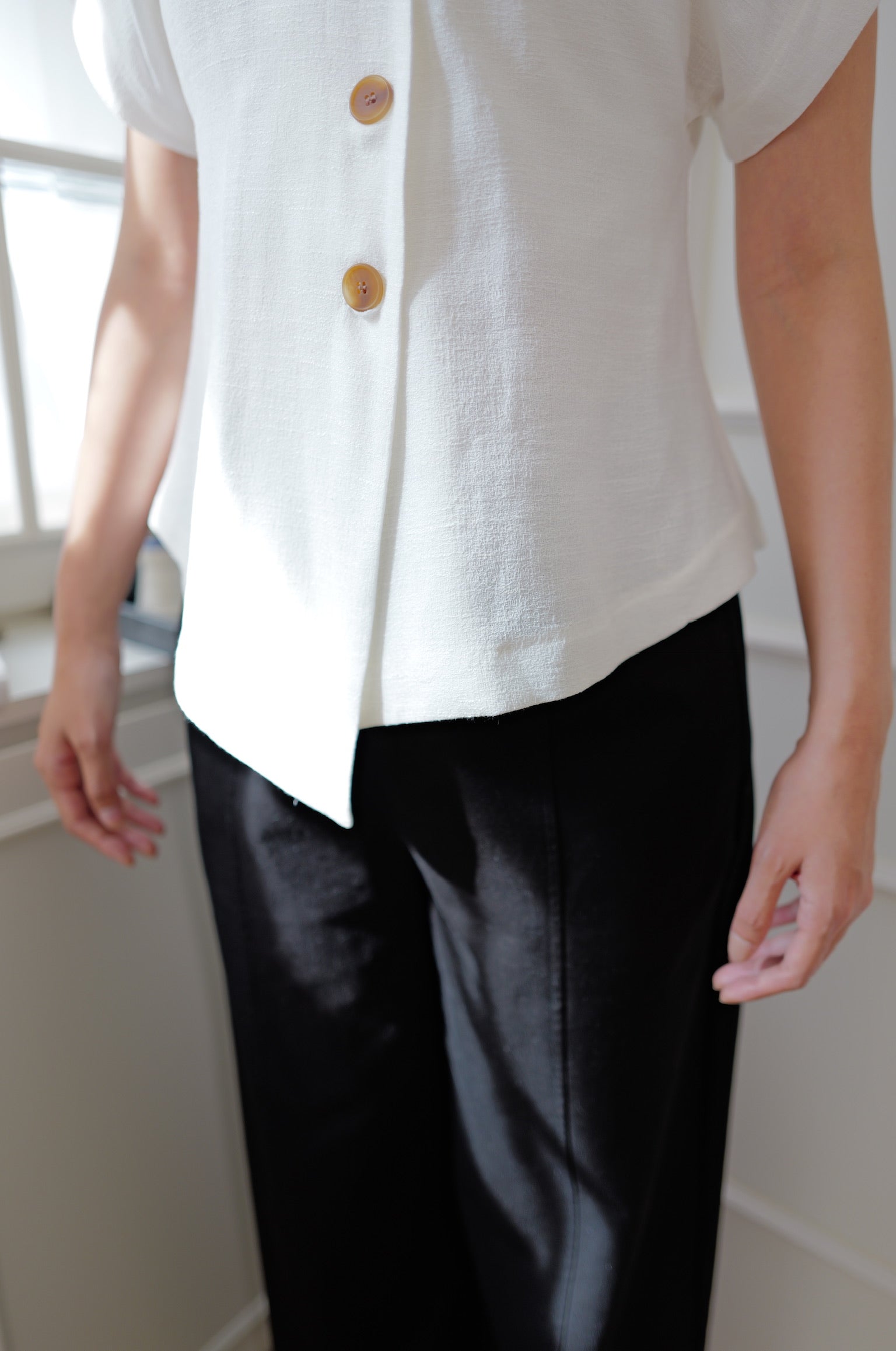 French Chic Asymmetric Hem Tweed-Like V-Neck Top [T0294]