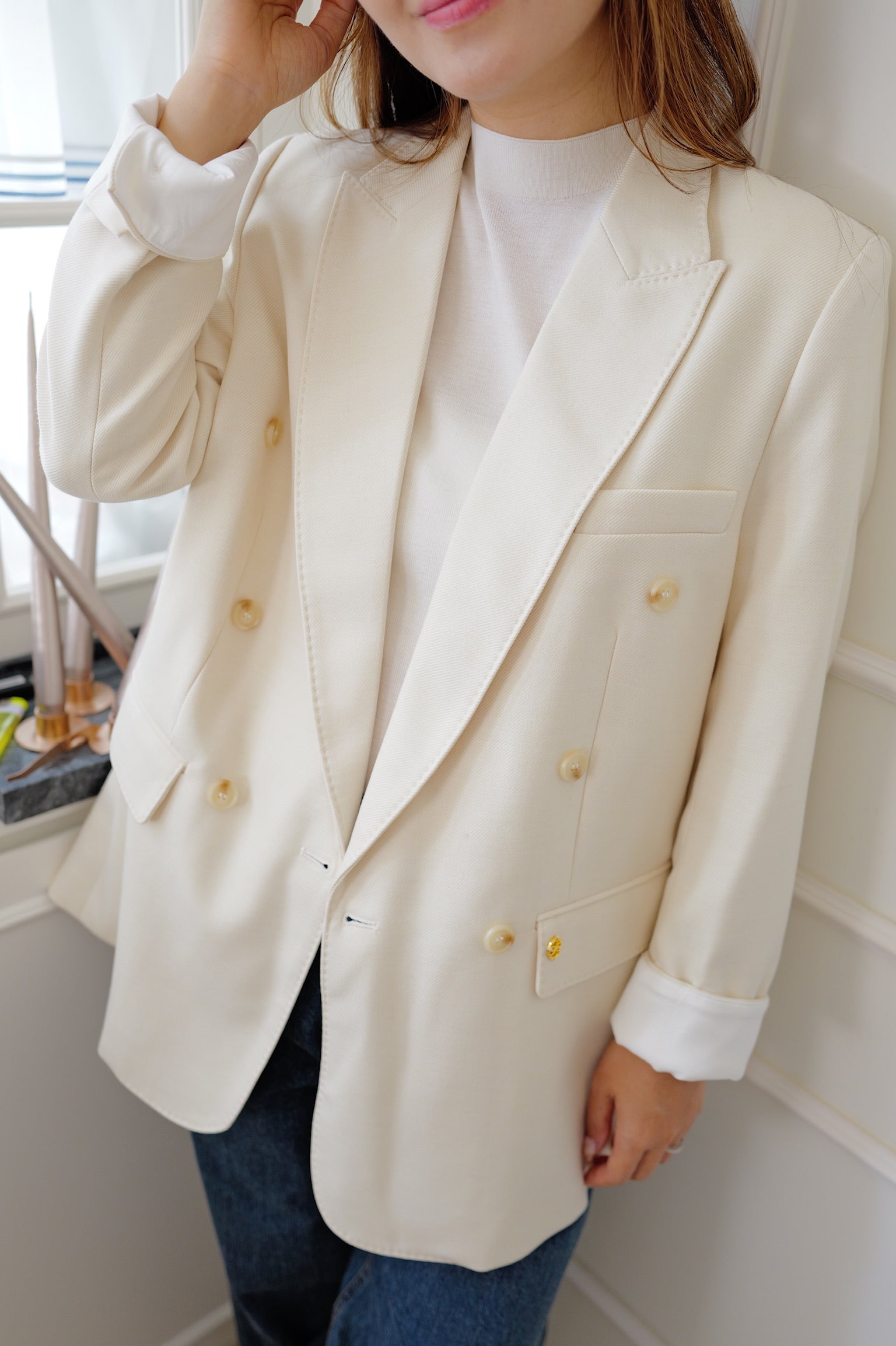 【LE ZANS PRIVÉ】Oversized Double-Breasted Blazer (59%wool,12%Silk) [J0147]