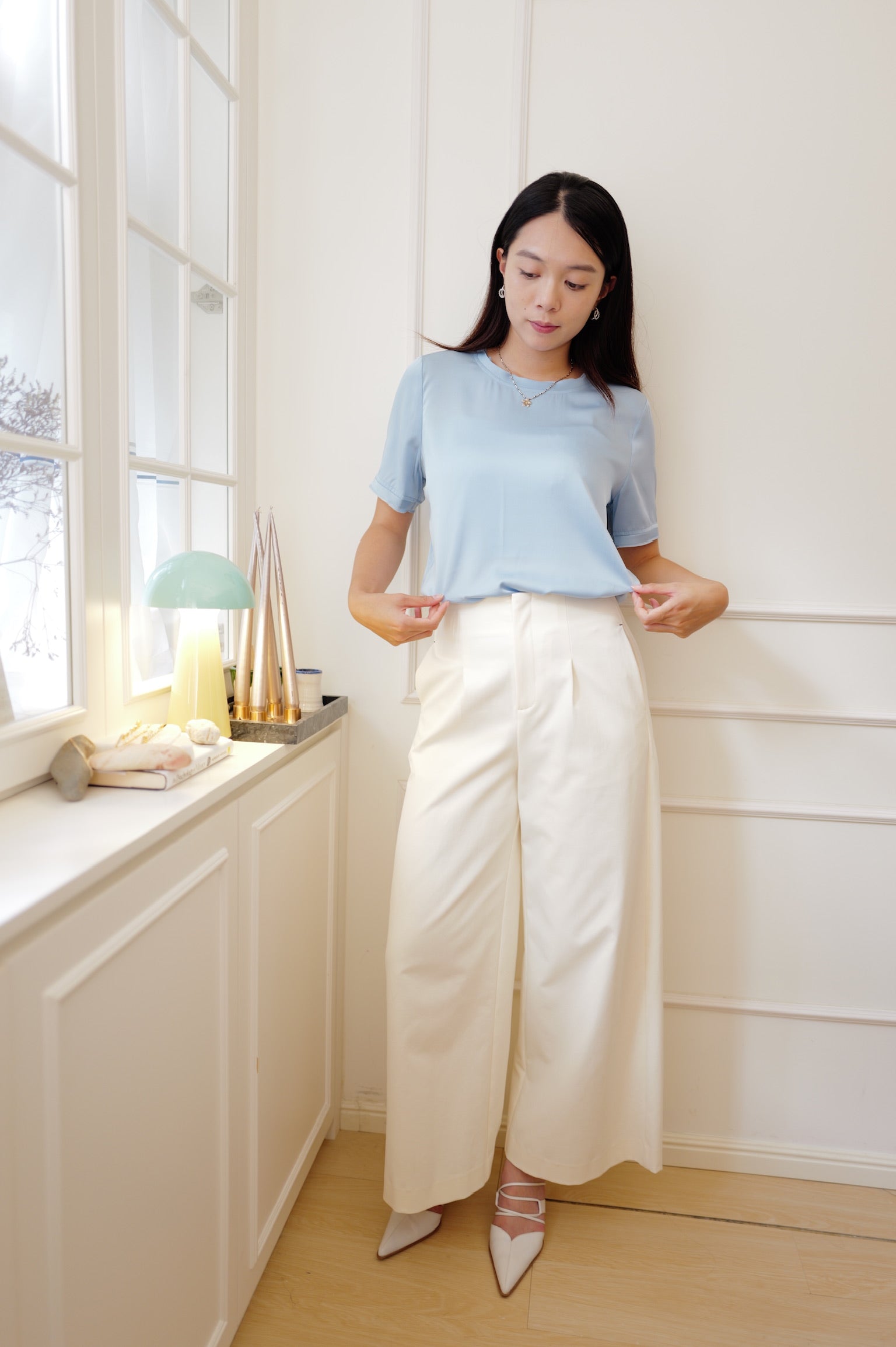 【LE ZANS PRIVÉ】 Pure Silk Gathered Short-Sleeve Top (100%Silk)[T0306]