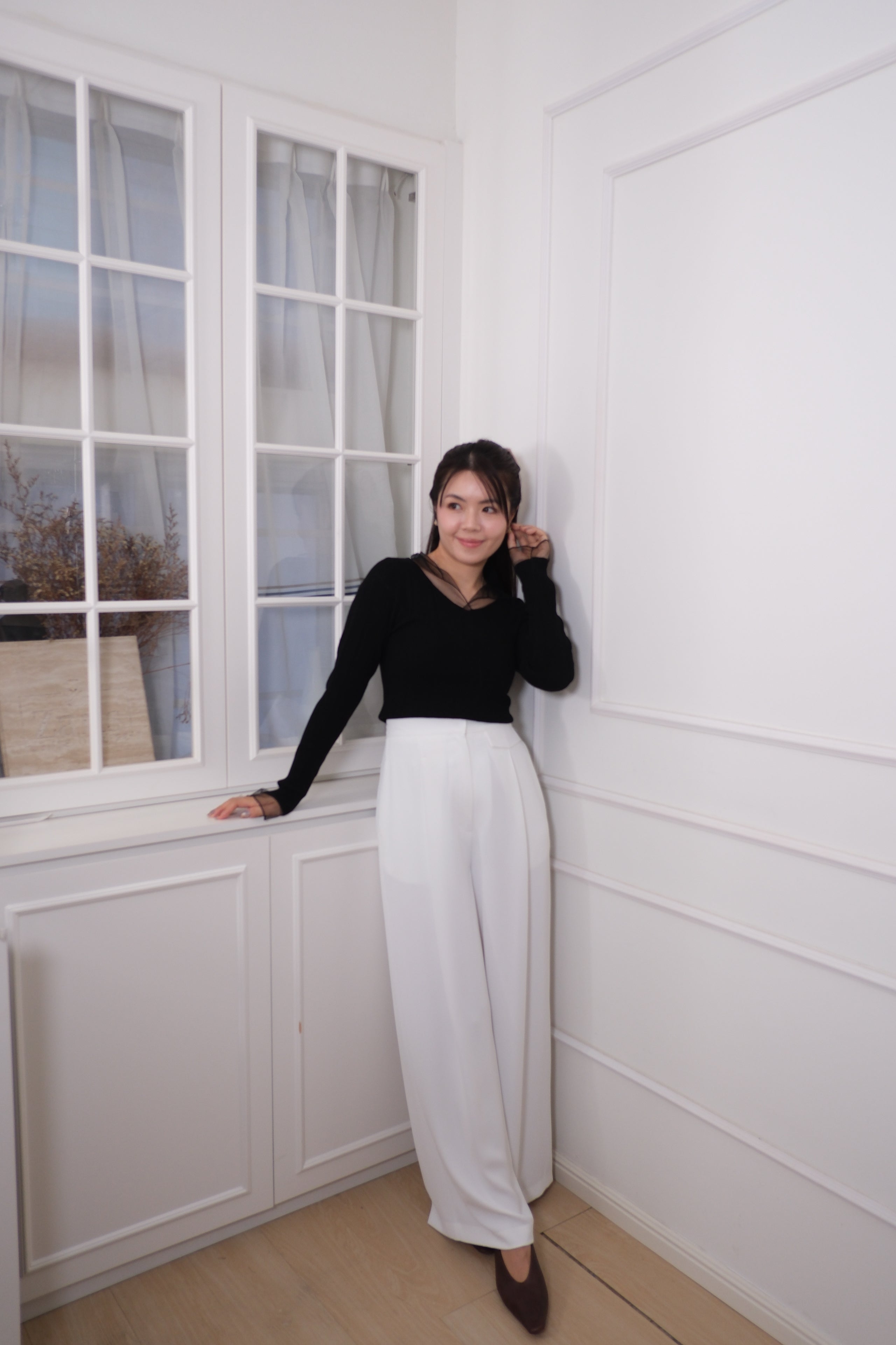 Mesh Overlay Knit Long Sleeve Top [T0258]