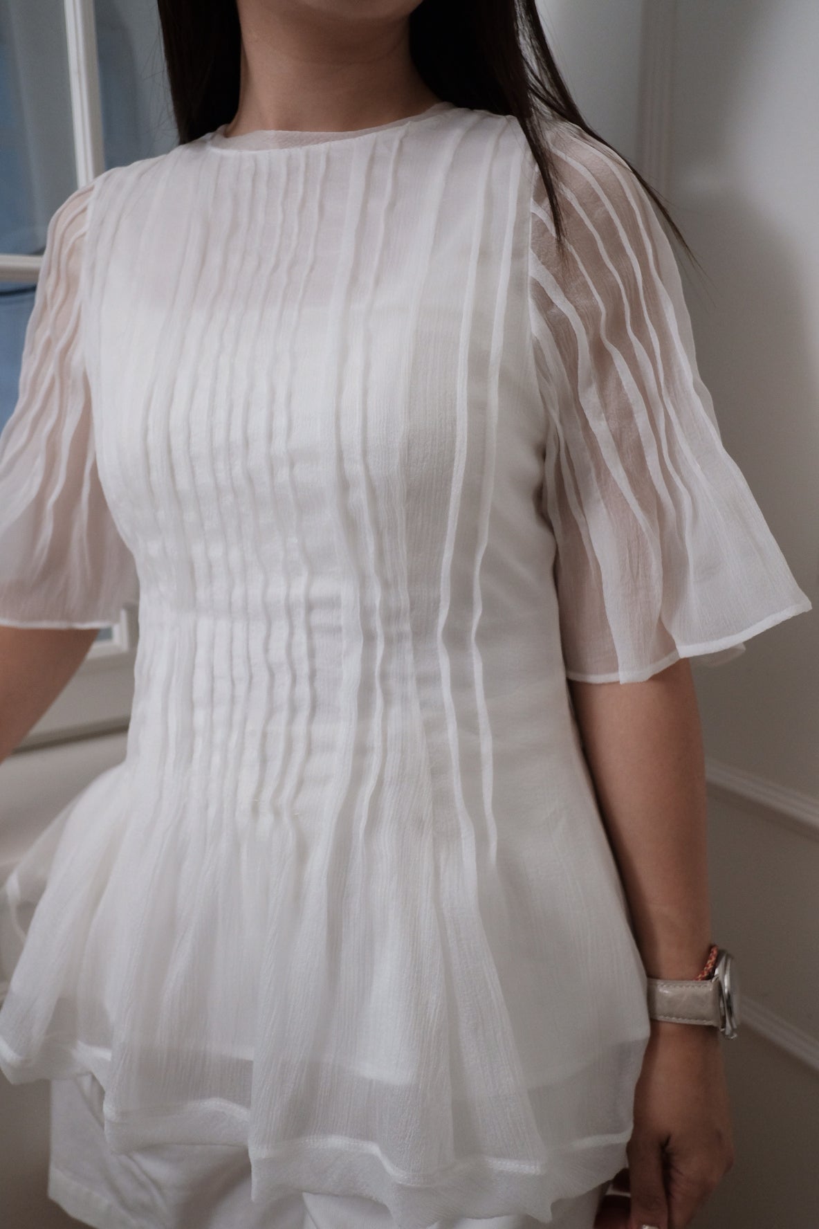 【LE ZANS BRAND COLLECTION】White Pleated Puff Sleeve Blouse [T0285]