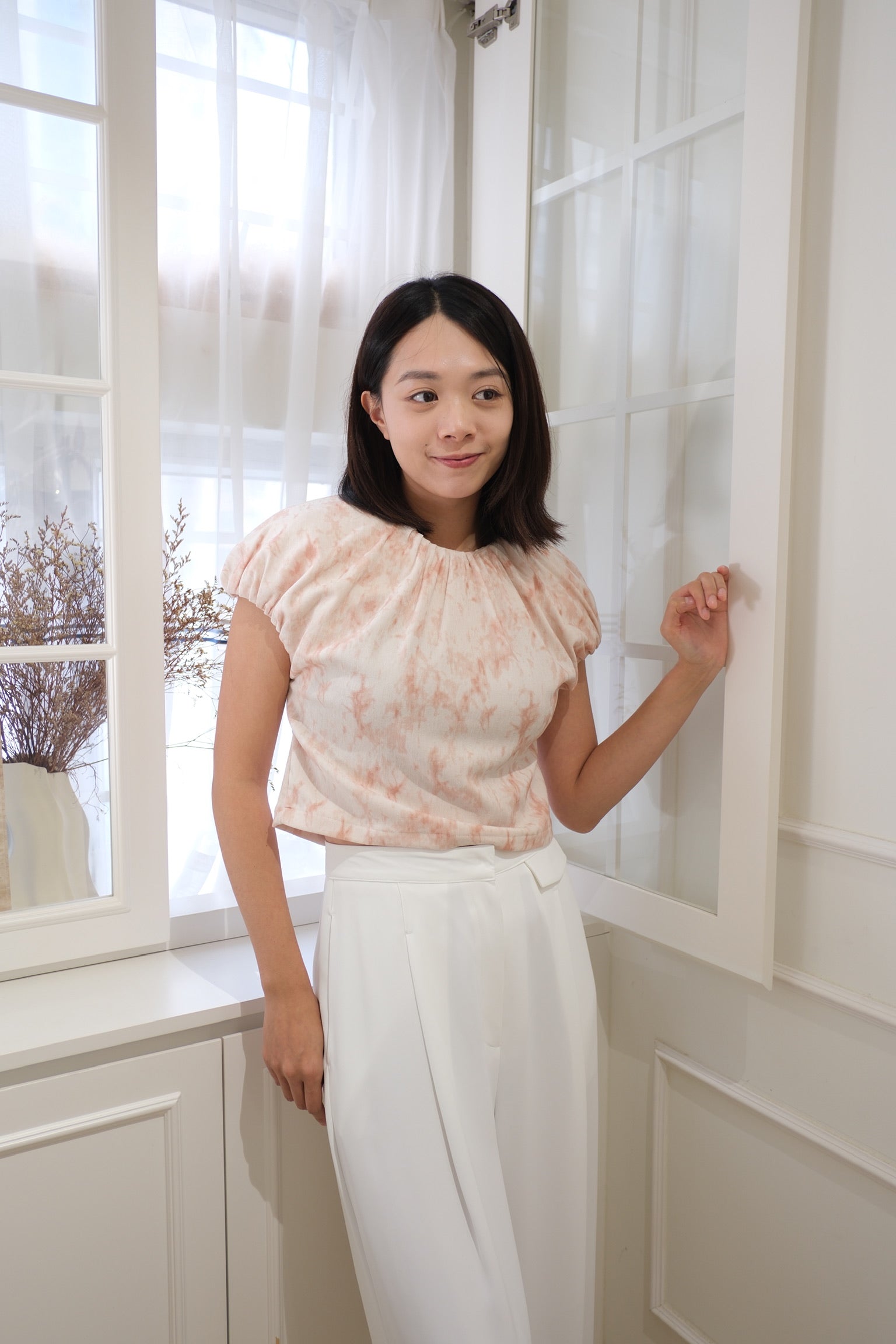 Pleat & Print Short Sleeve Blouse [T0246]