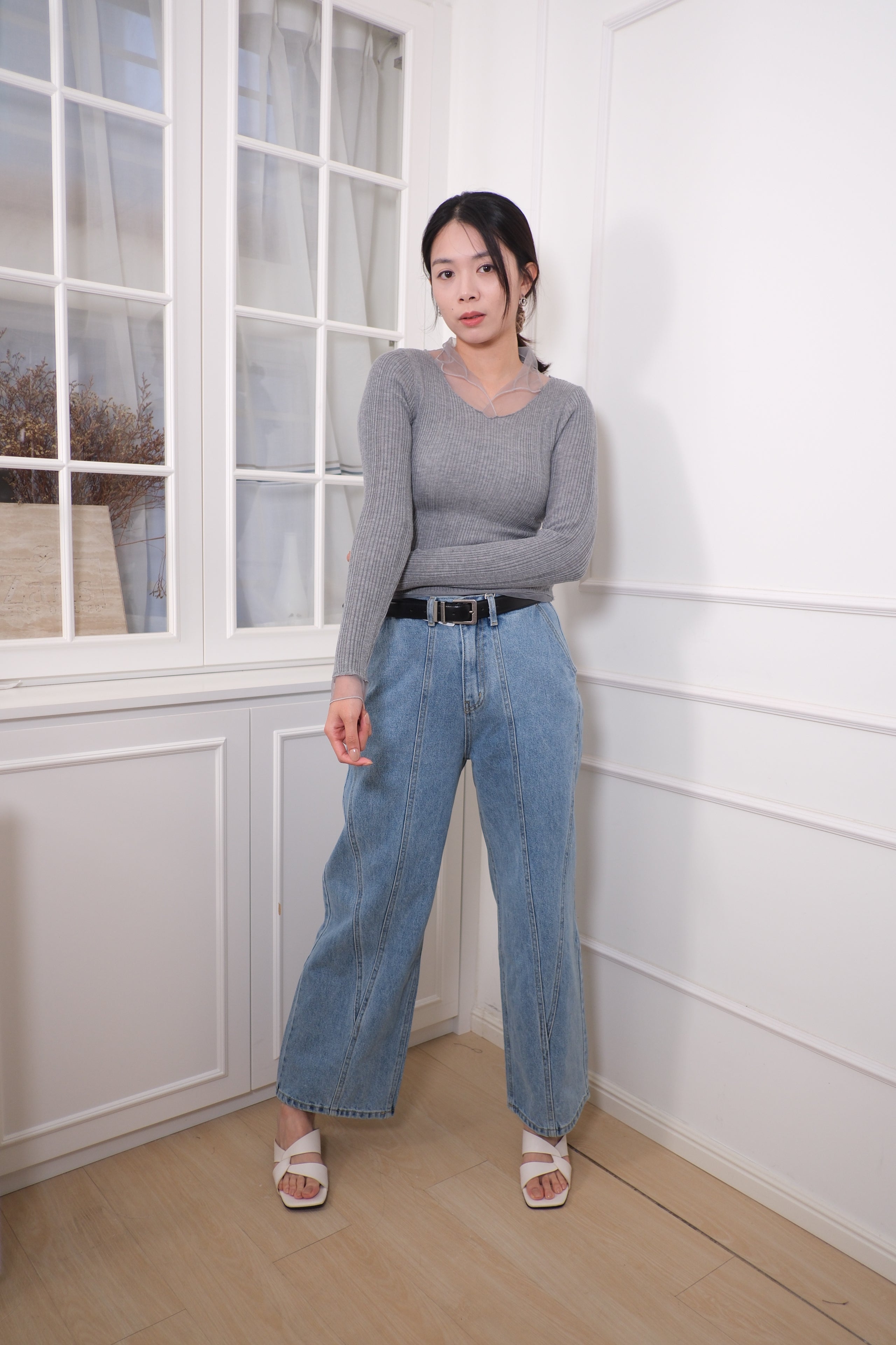 Mesh Overlay Knit Long Sleeve Top [T0258]