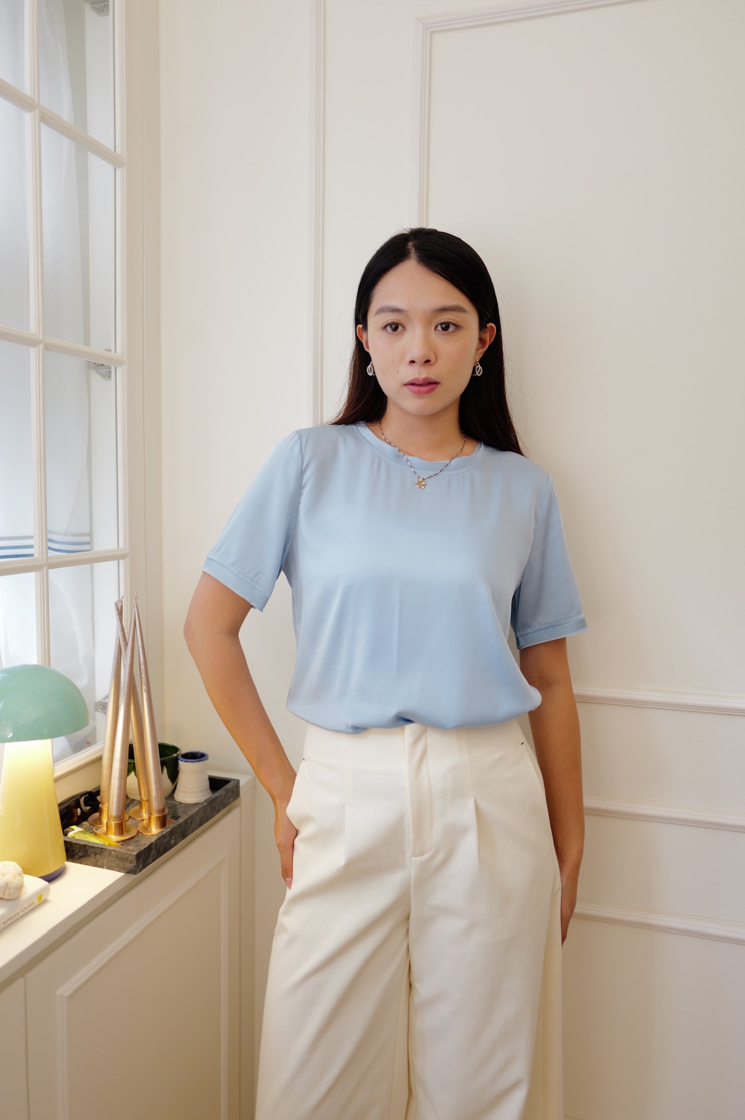 【LE ZANS PRIVÉ】 Pure Silk Gathered Short-Sleeve Top (100%Silk)[T0306]
