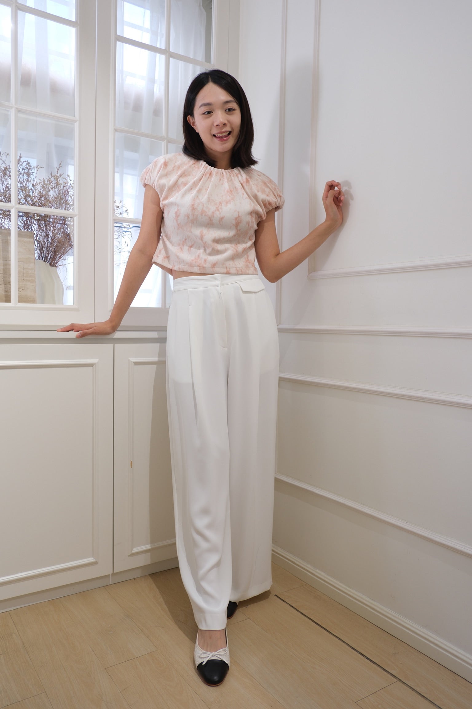 Pleat & Print Short Sleeve Blouse [T0246]