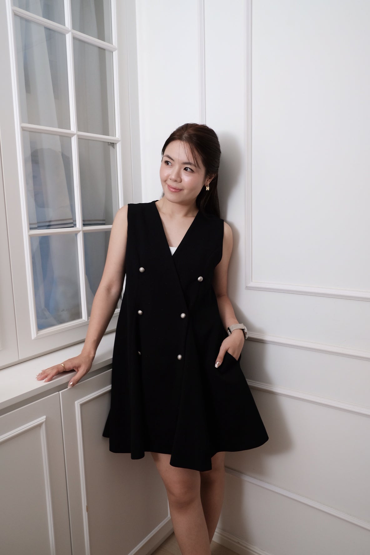 【LE ZANS BRAND COLLECTION】Pearl Button V-Neck Sleeveless Jumpsuit Dress [OPS0183]