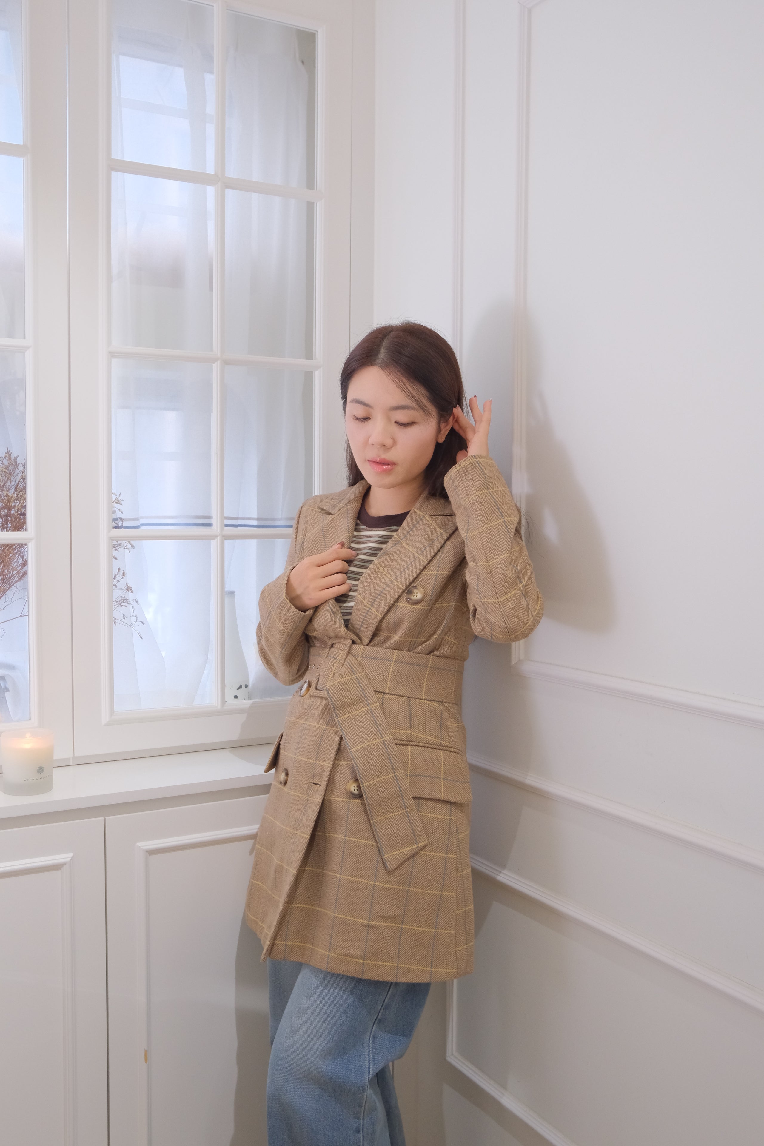 Plaid Double-Breasted Belted Trench Coat [J0131]