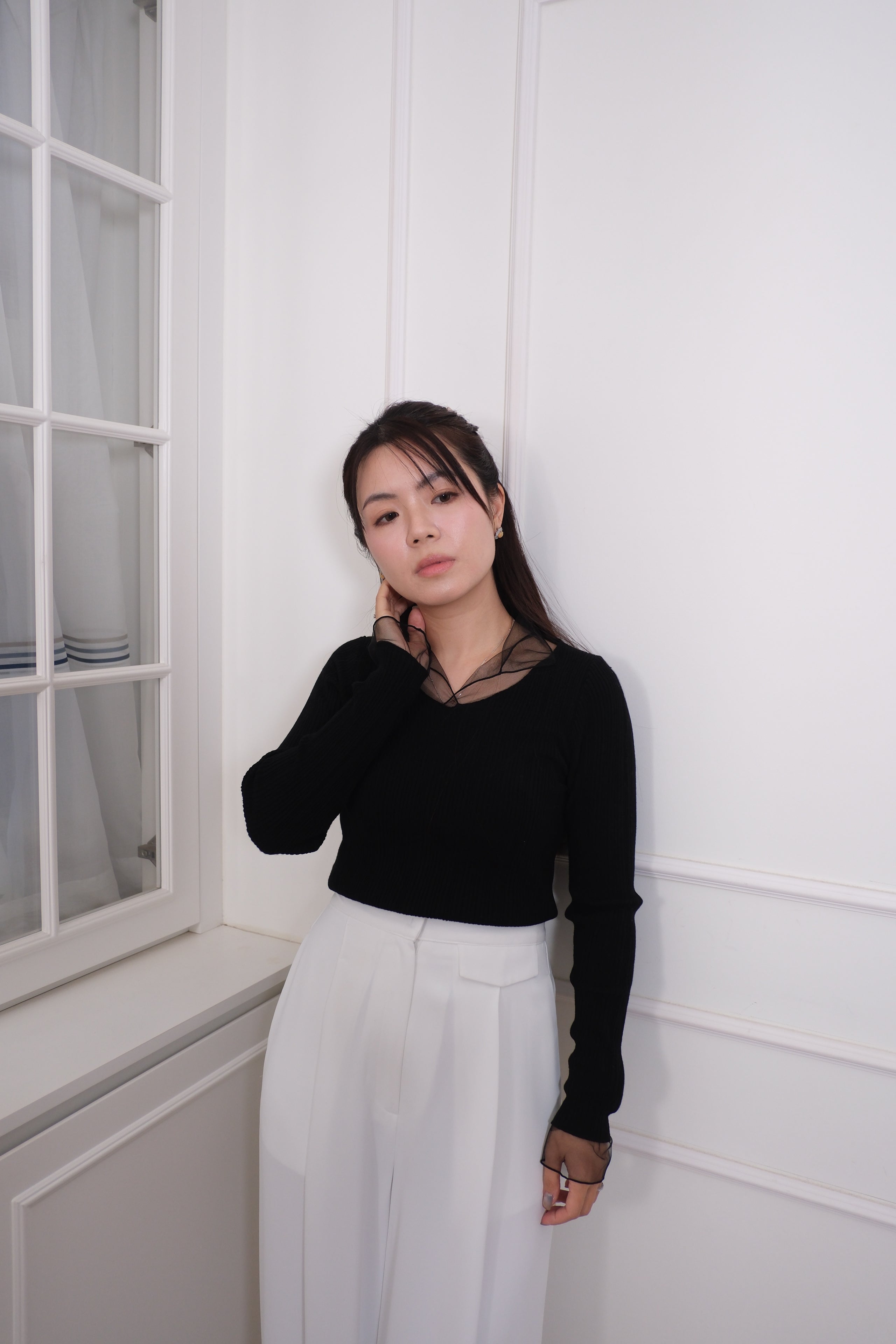 Mesh Overlay Knit Long Sleeve Top [T0258]