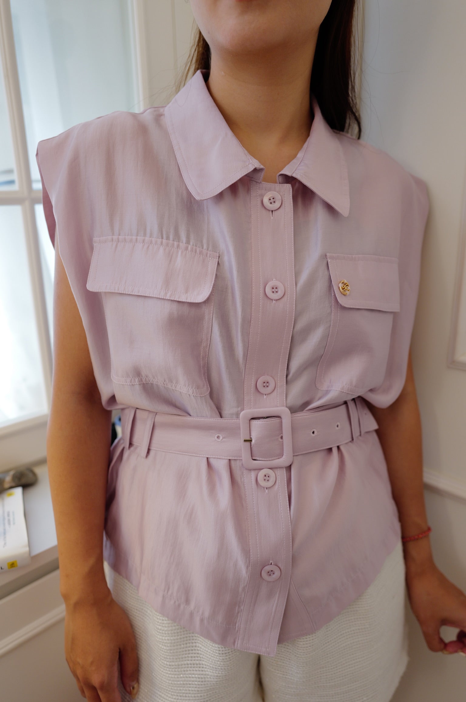 【LE ZANS BRAND COLLECTION】Pastel Sleeveless Belted Shirt [T0287]