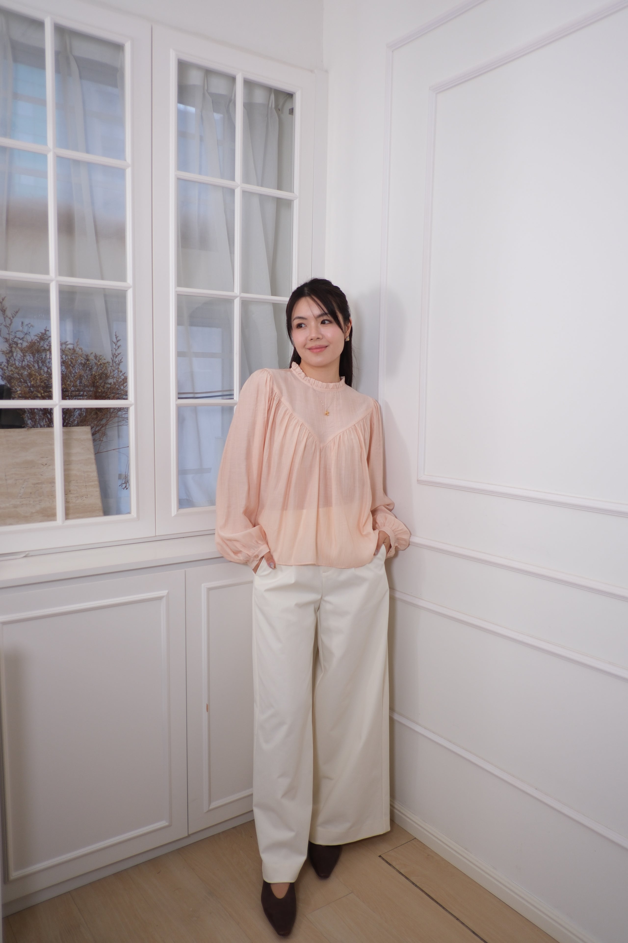 Ruffle Lace Insert Sheer Long Sleeve Top [T0262]