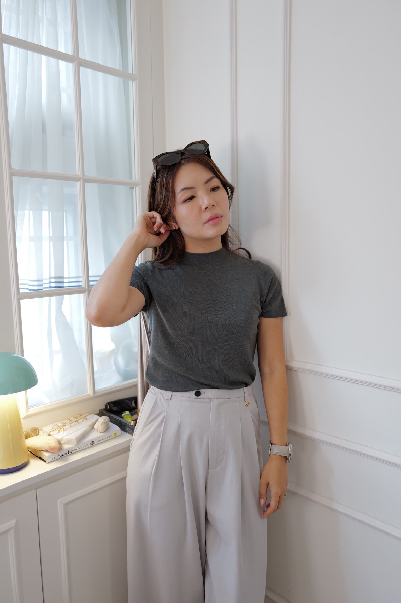 【LE ZANS PRIVÉ】Minimalist Mock-Neck Fine Knit Short-Sleeve Top (100%頂級德國揚子紗) [T0309]