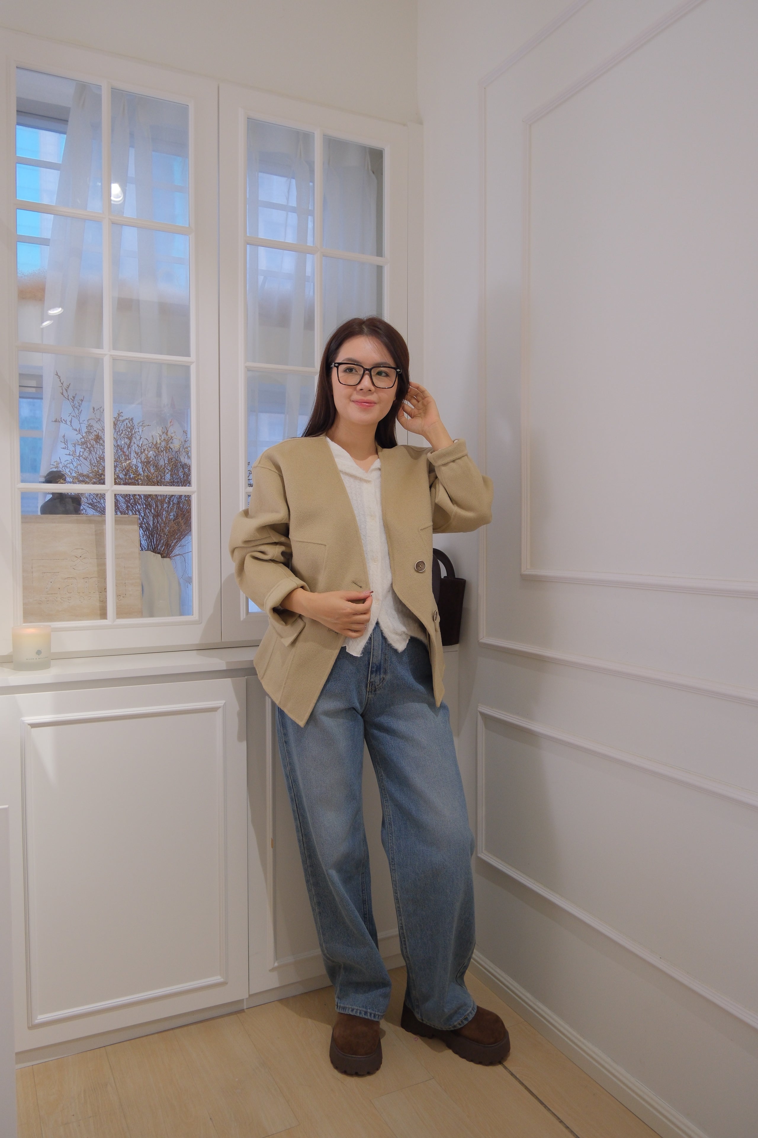 【LE ZANS BRAND COLLECTION】 Khaki Slim Open Chest Coat (100%wool) [J0069]