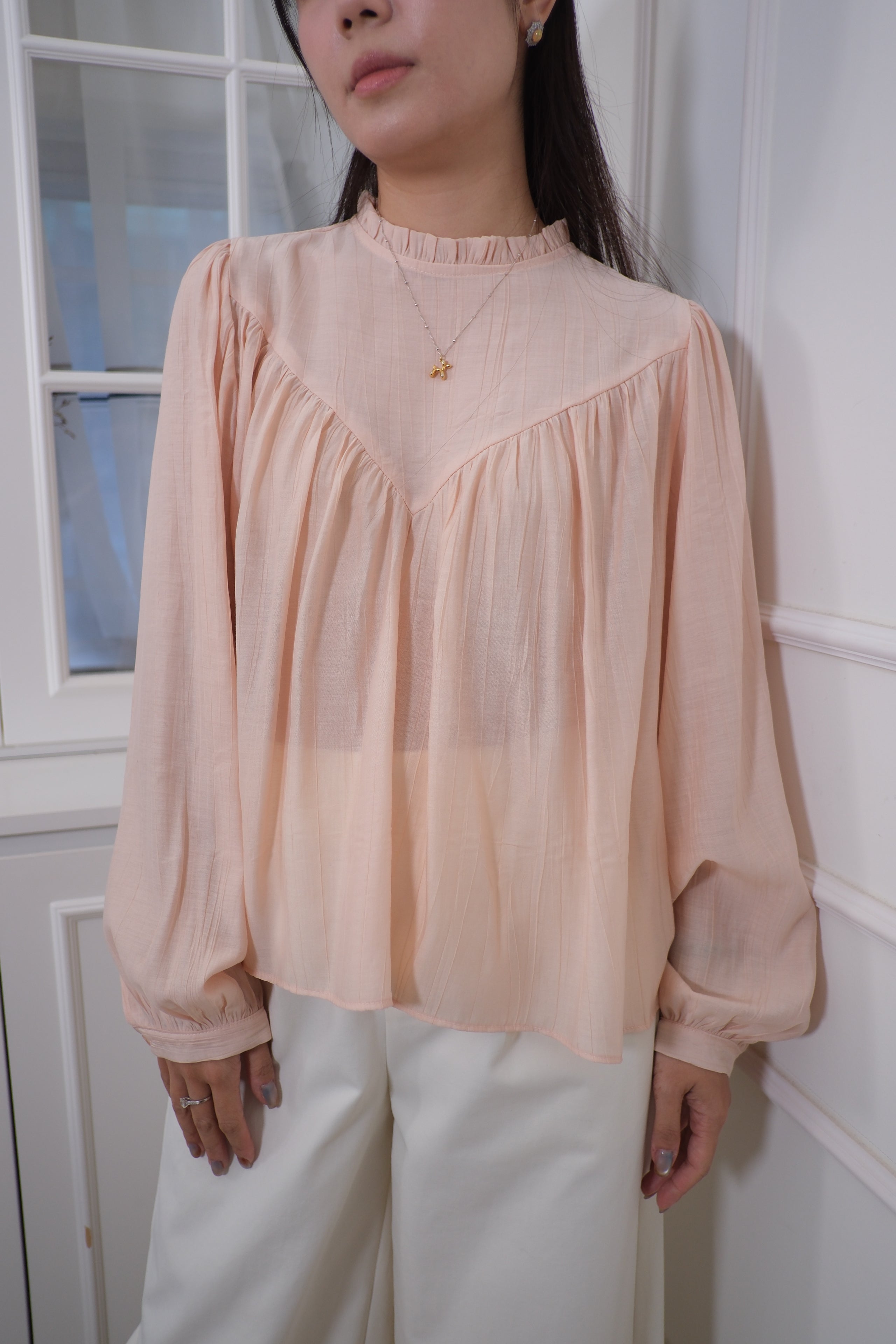 Ruffle Lace Insert Sheer Long Sleeve Top [T0262]