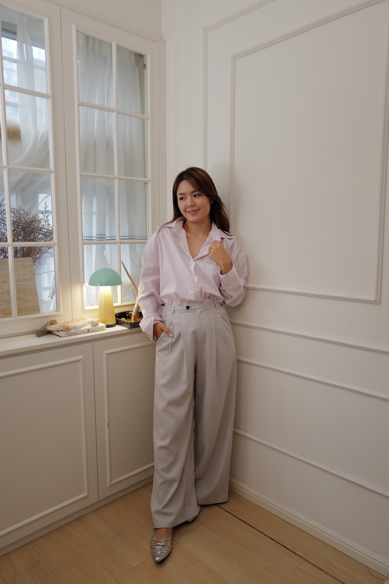 【LE ZANS BRAND COLLECTION】Relaxed Pointed-Collar Striped Button-Down Cover-Up [J0144]