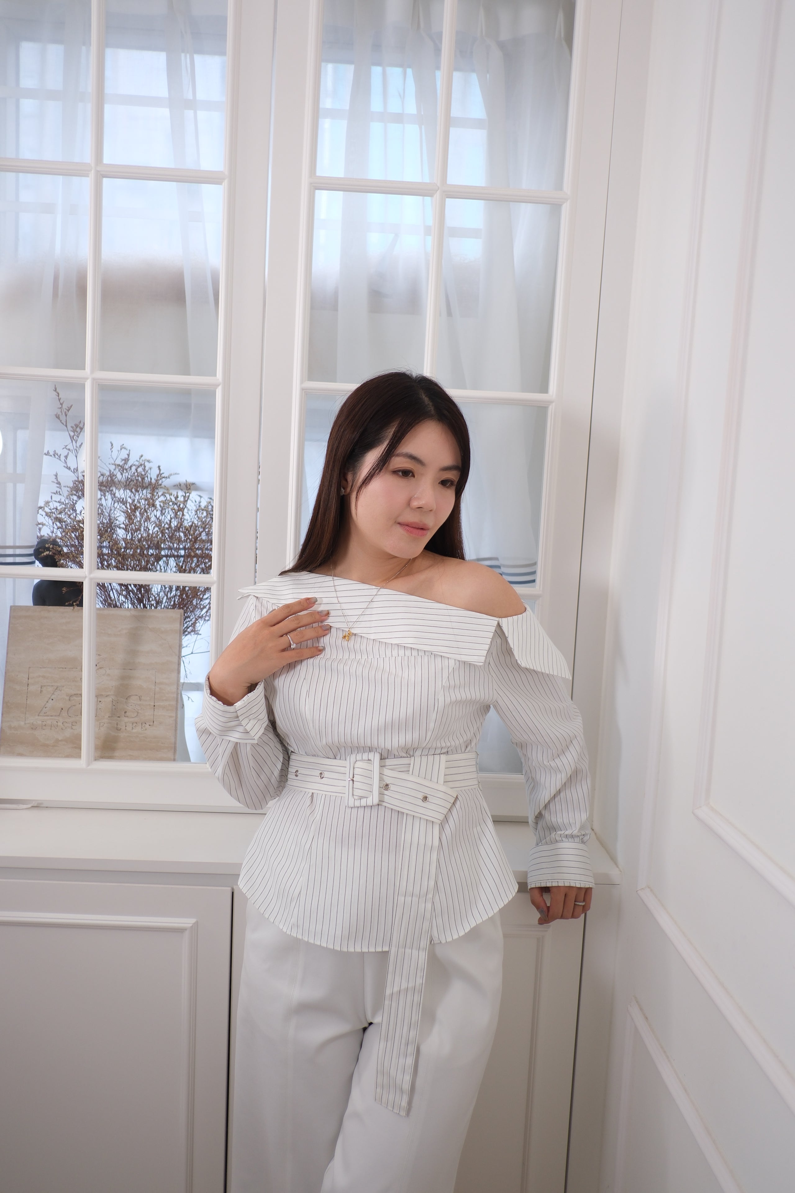 Striped Off-Shoulder Belt Blouse [T0261]