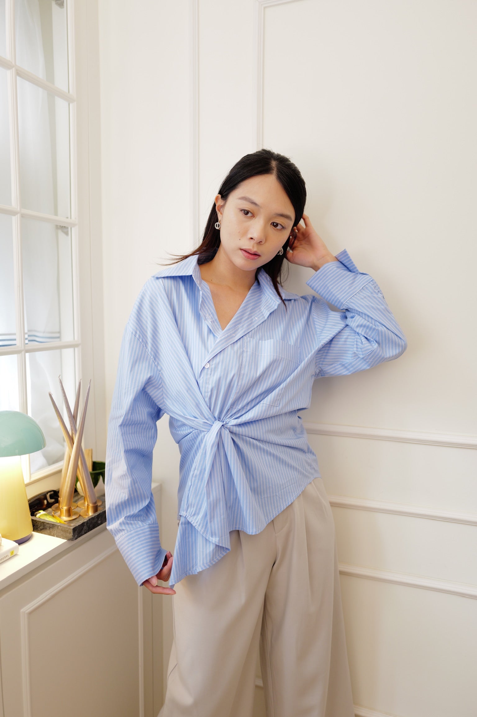 【LE ZANS BRAND COLLECTION】Relaxed Pointed-Collar Striped Button-Down Cover-Up [J0144]