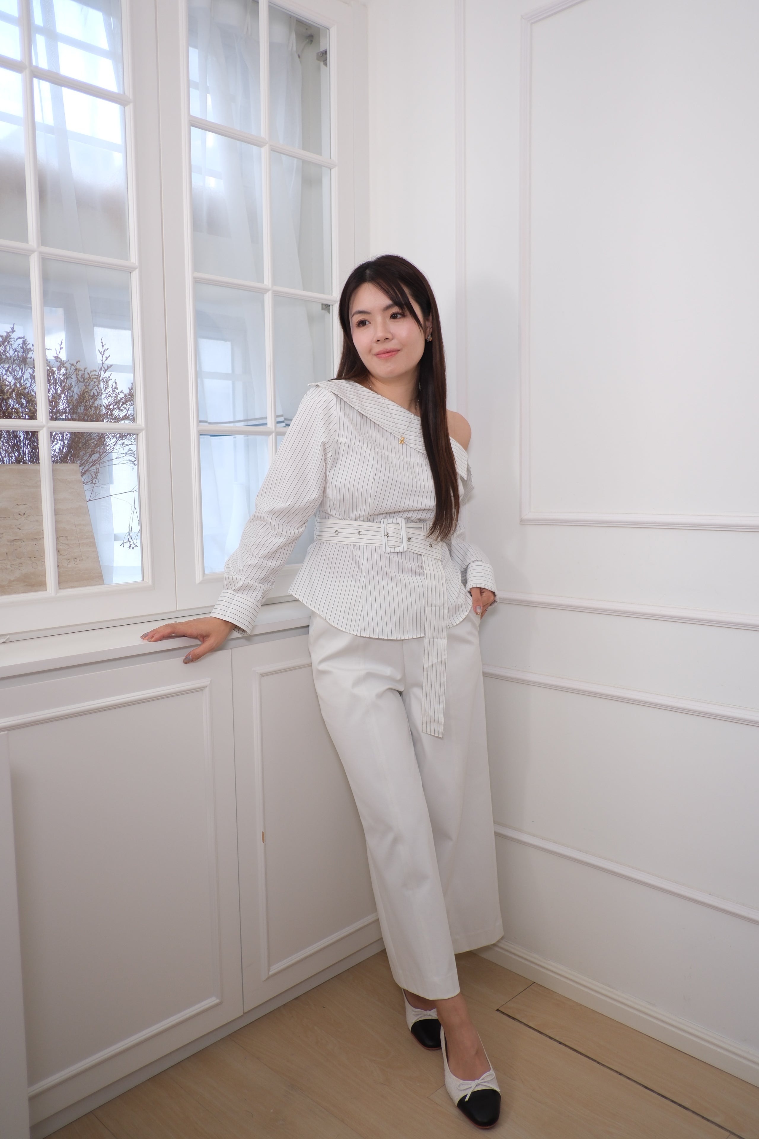 Striped Off-Shoulder Belt Blouse [T0261]