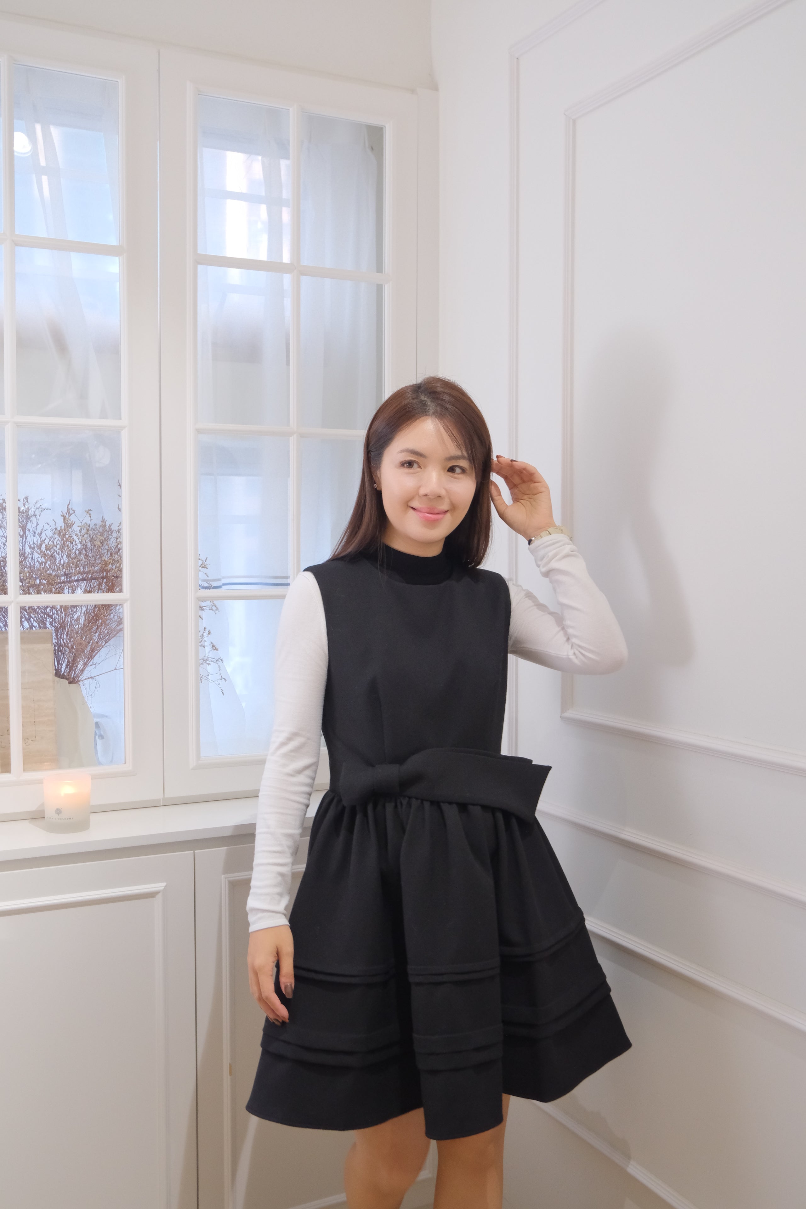 【LE ZANS BRAND COLLECTION】Black Bow-Accented Tiered Babydoll Dress [OPS0176]