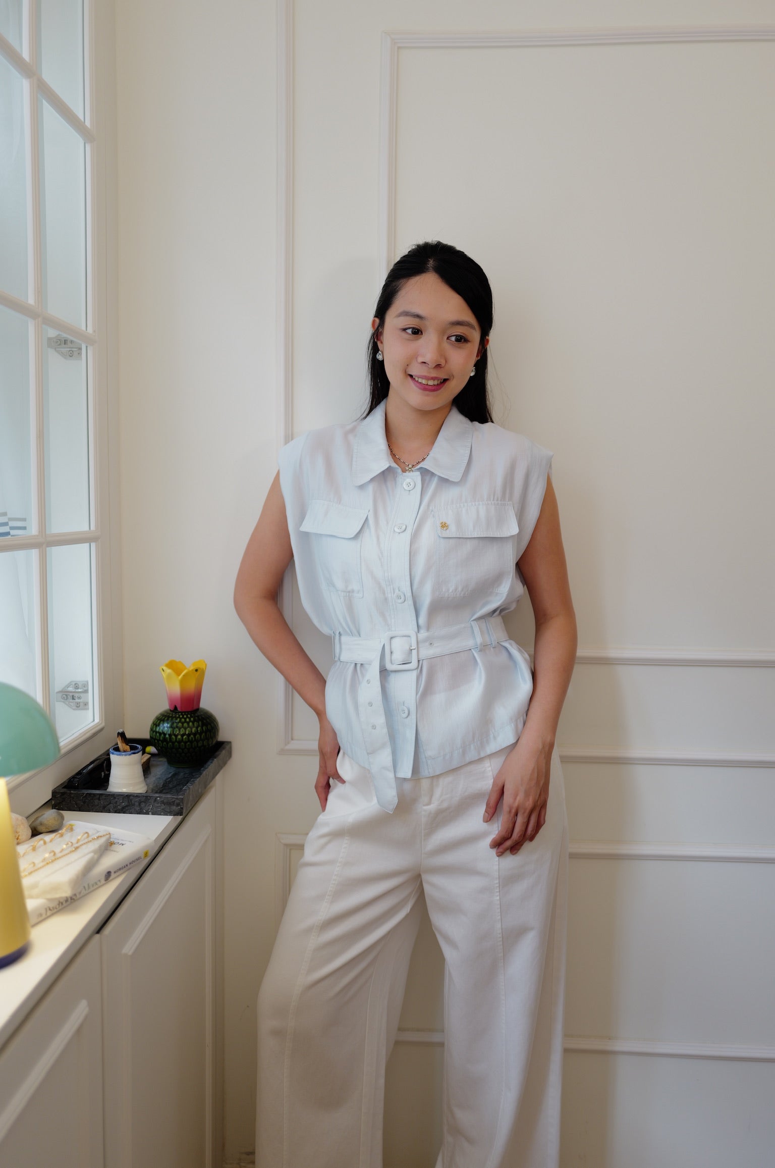 【LE ZANS BRAND COLLECTION】Pastel Sleeveless Belted Shirt [T0287]