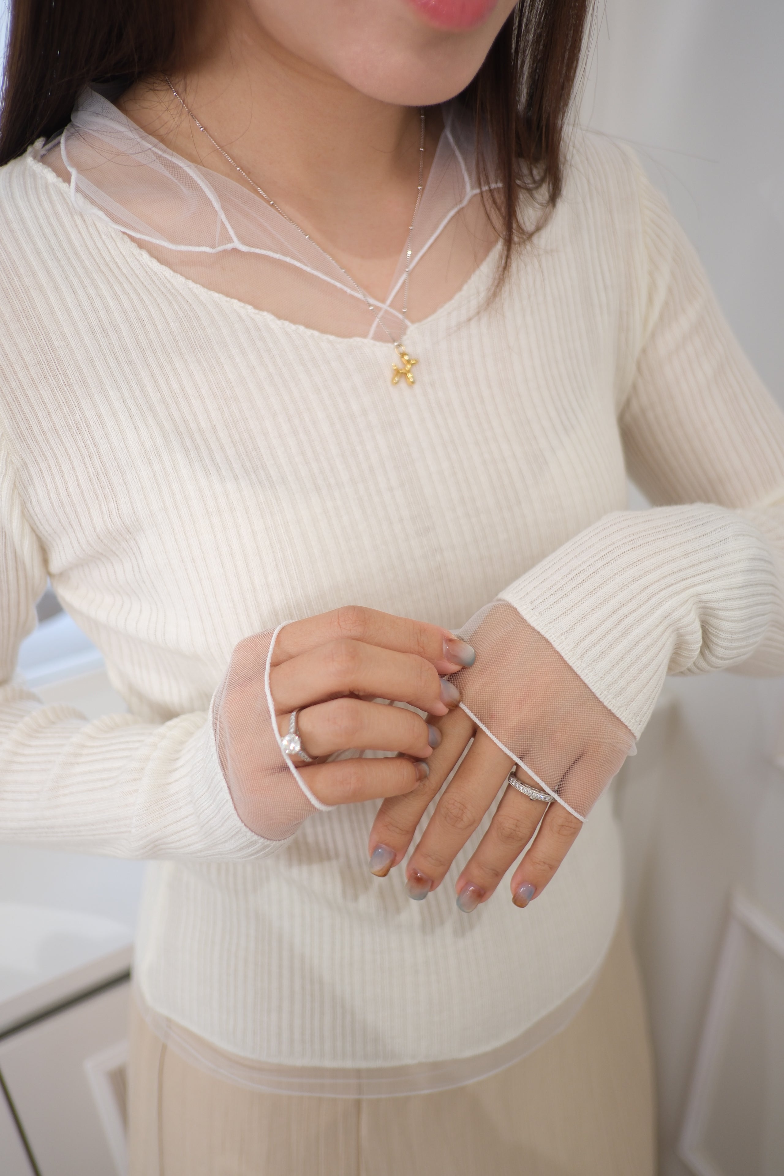 Mesh Overlay Knit Long Sleeve Top [T0258]