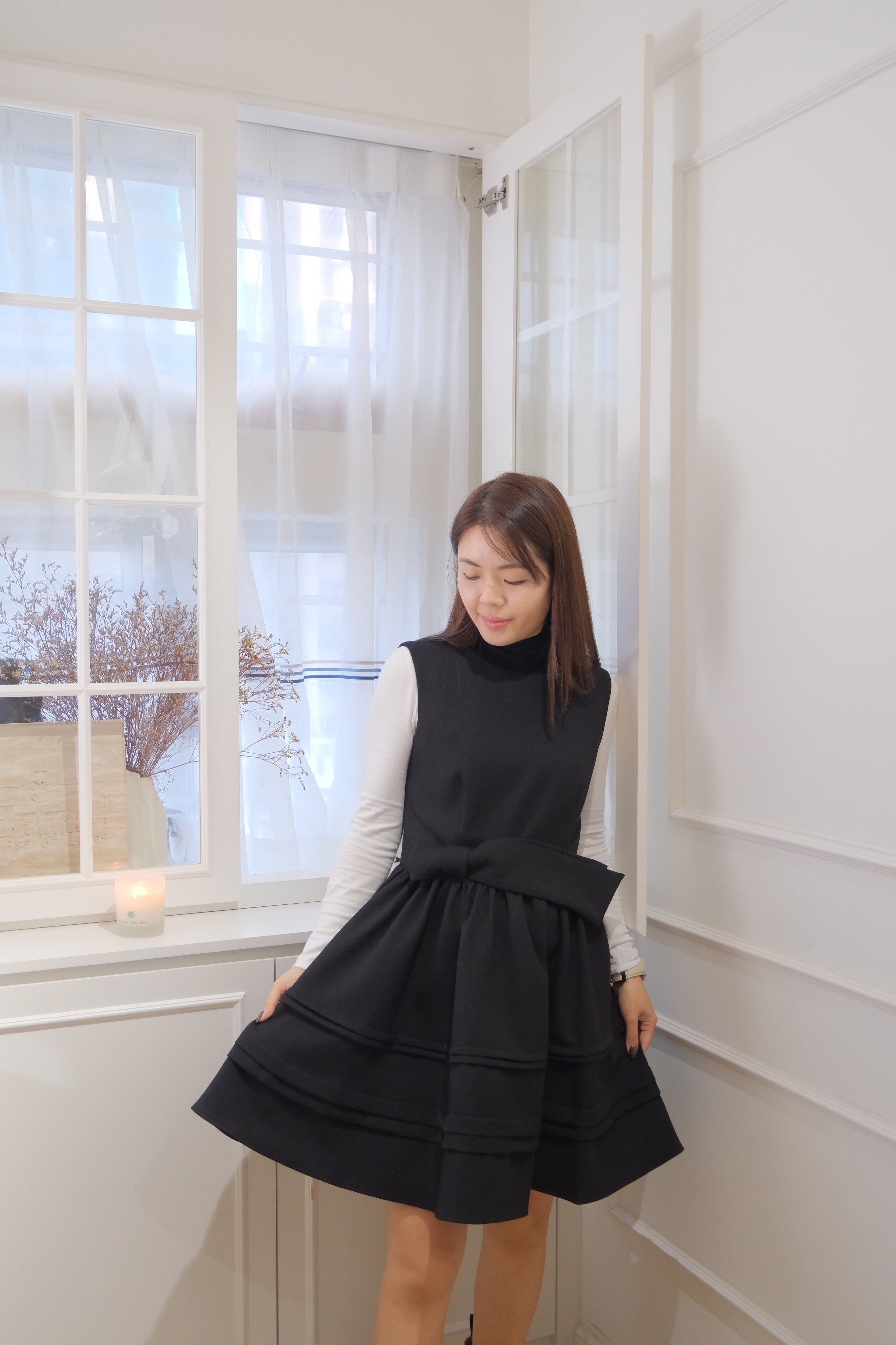 【LE ZANS BRAND COLLECTION】Black Bow-Accented Tiered Babydoll Dress [OPS0176]