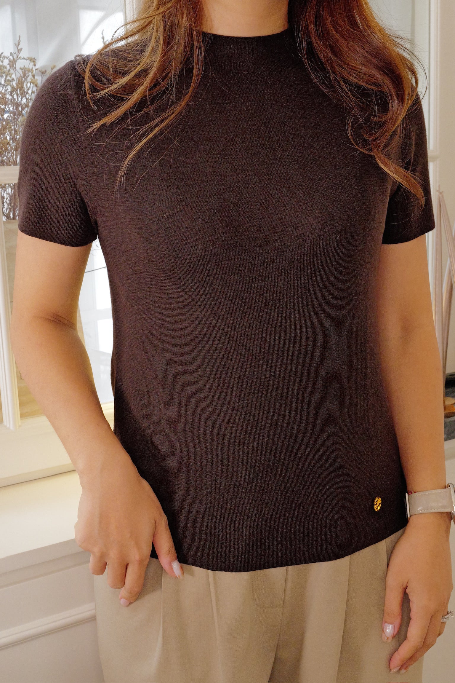 【LE ZANS PRIVÉ】Minimalist Mock-Neck Fine Knit Short-Sleeve Top (100%頂級德國揚子紗) [T0309]