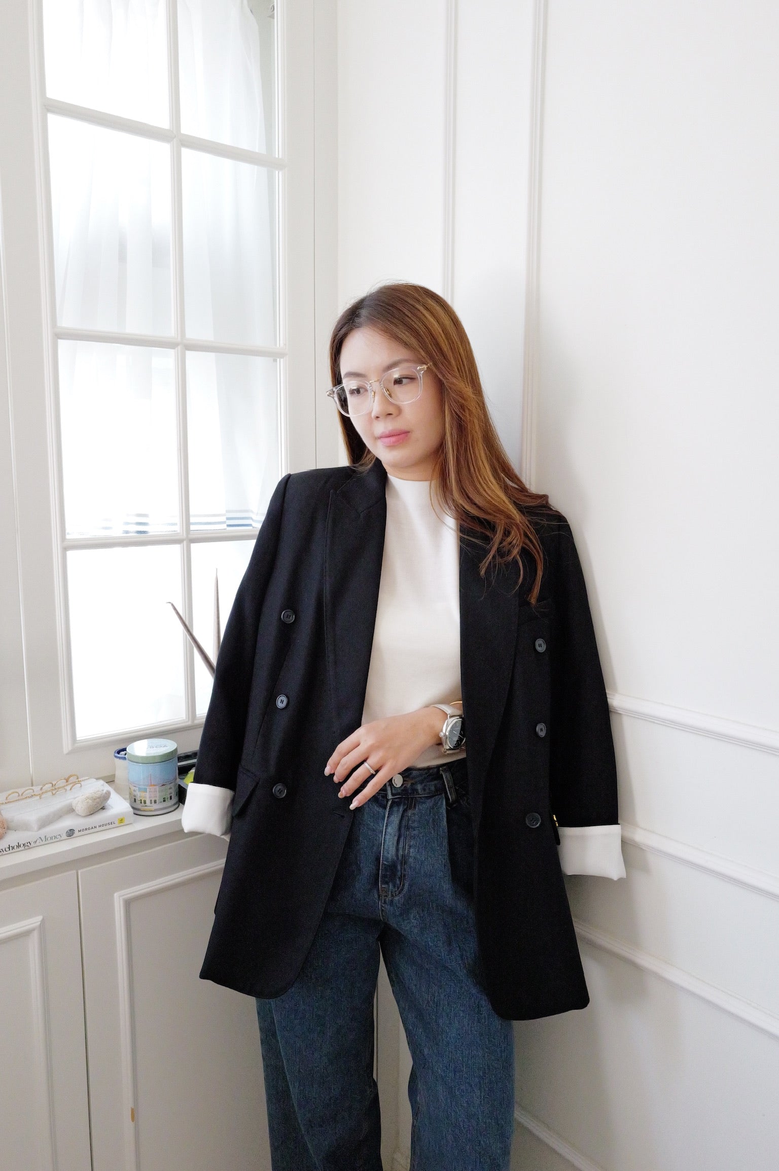 【LE ZANS PRIVÉ】Oversized Double-Breasted Blazer (59%wool,12%Silk) [J0147]
