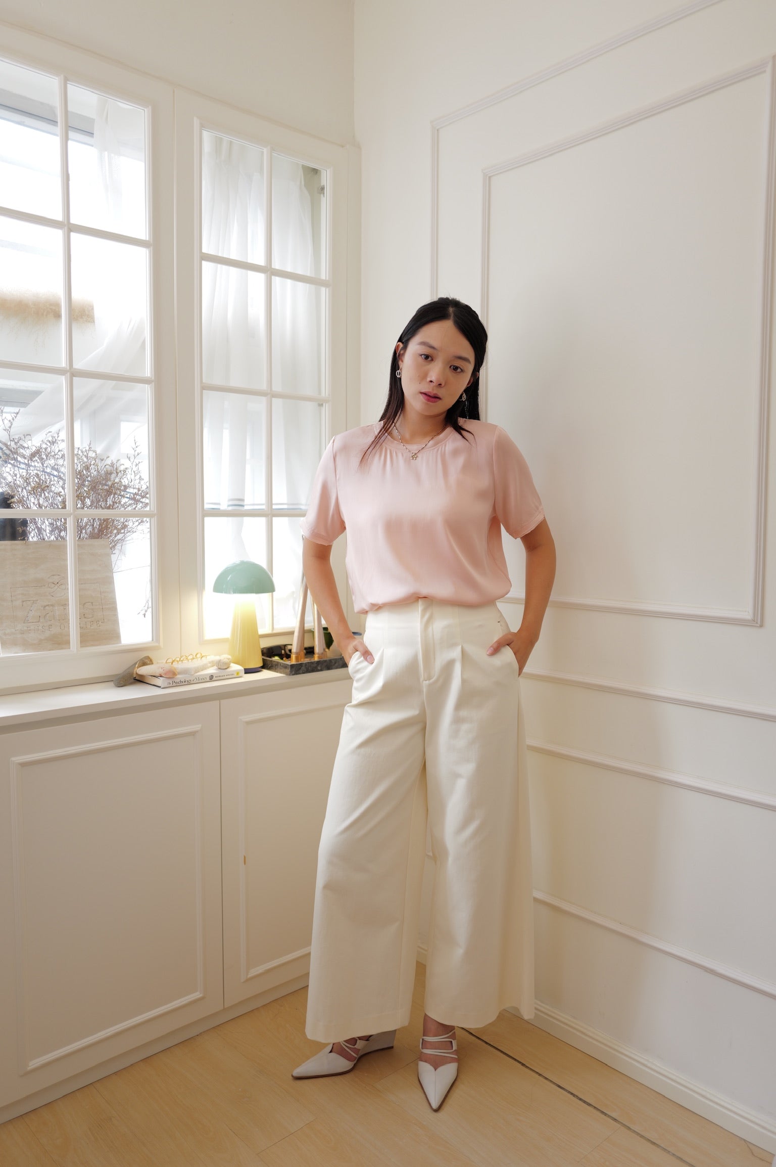 【LE ZANS PRIVÉ】 Pure Silk Gathered Short-Sleeve Top (100%Silk)[T0306]