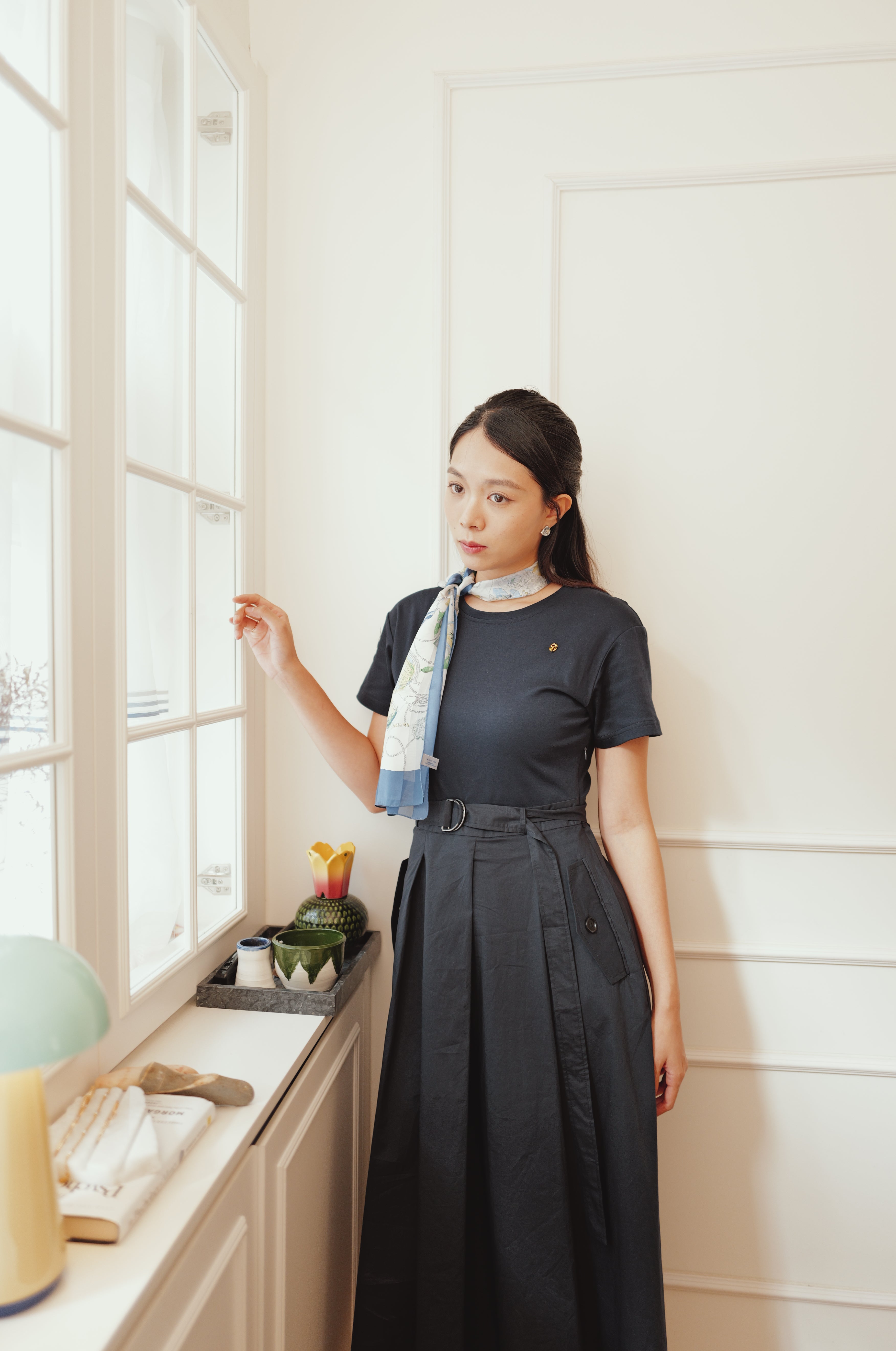 【LE ZANS BRAND COLLECTION】Minimalist Crewneck Belted A-Line Dress [OPS0186]