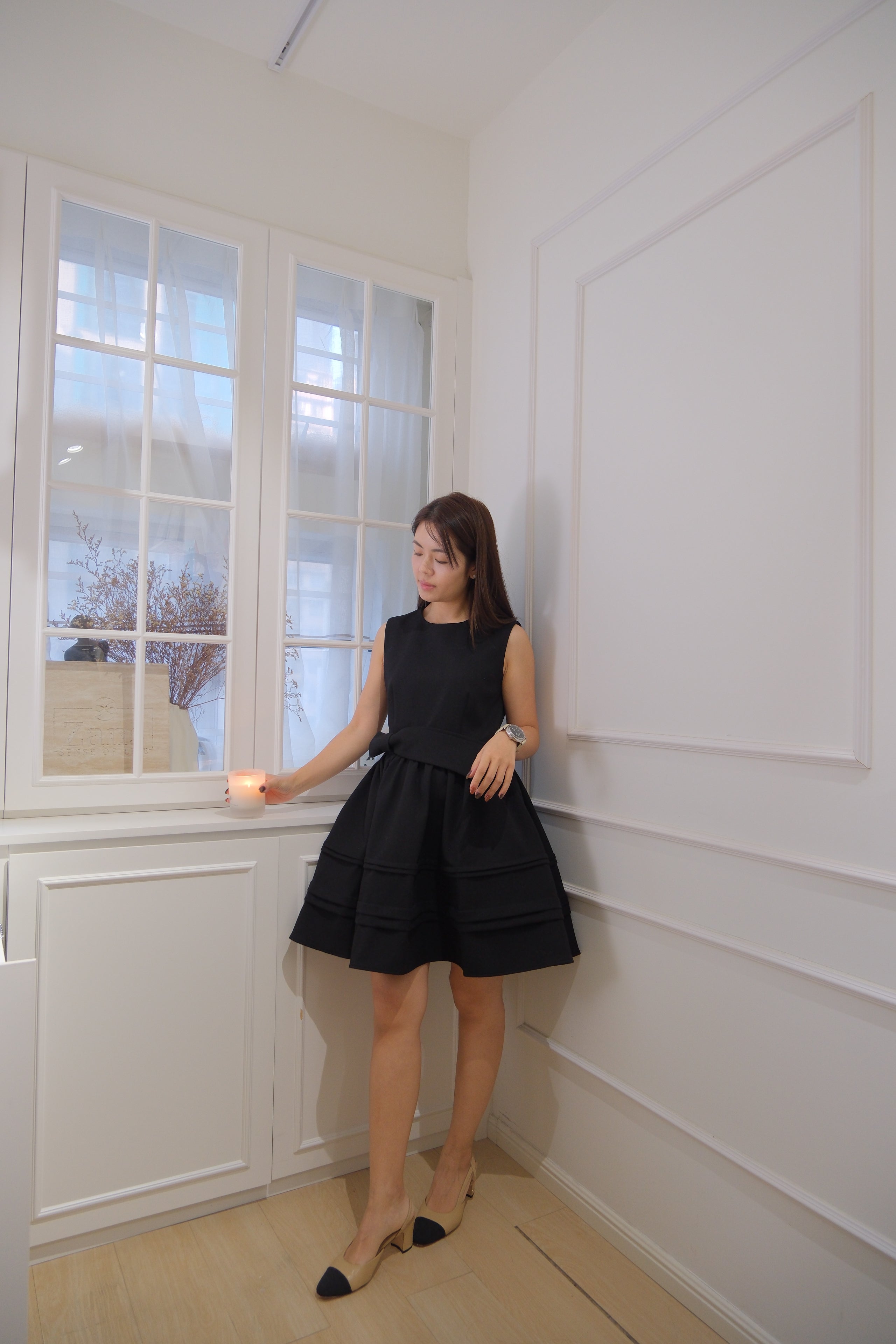 【LE ZANS BRAND COLLECTION】Black Bow-Accented Tiered Babydoll Dress [OPS0176]