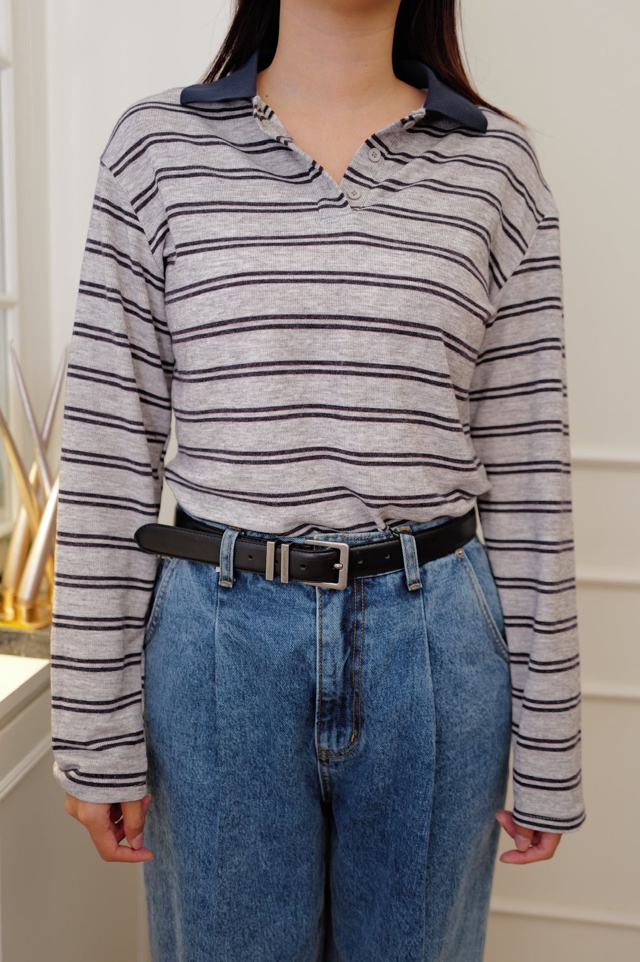 【LE ZANS BRAND COLLECTION】Vintage Ivy Contrast Collar Striped Polo Shirt [T0302]