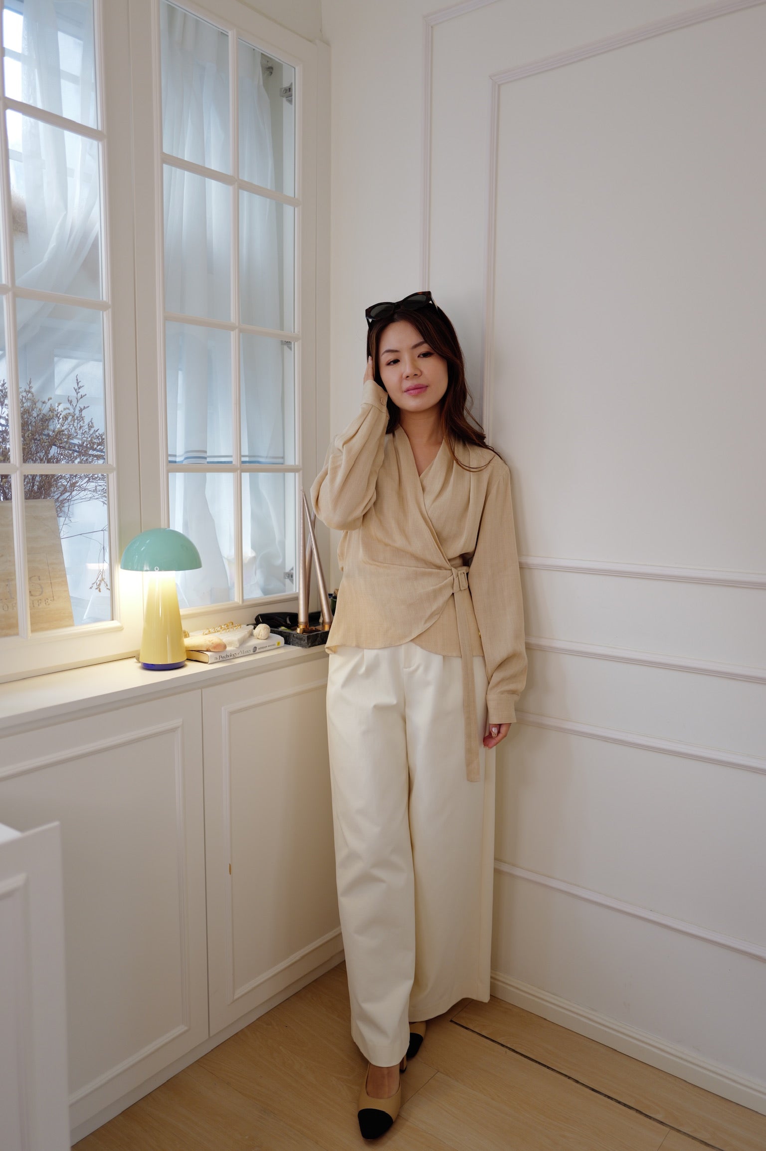 【LE ZANS BRAND COLLECTION】Minimalist Draped Wrap Top with D-Ring Belt [T0308]