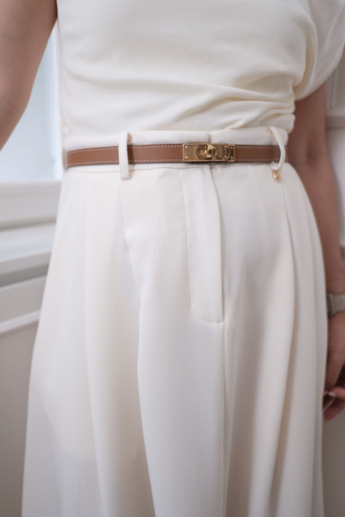 【LE ZANS BRAND COLLECTION】Cream Satin A-Line Midi Skirt [SK0079]