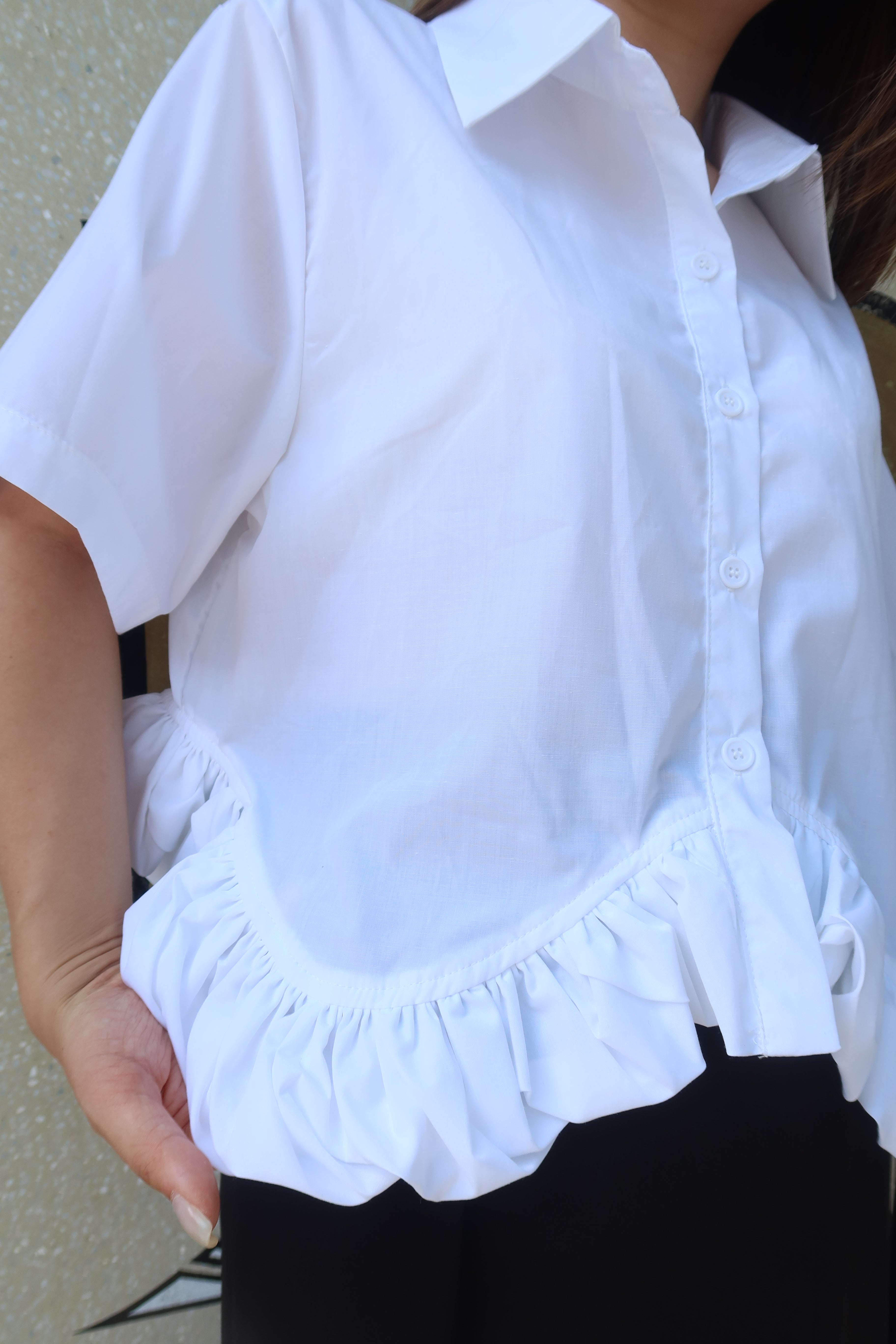 White Ruffle Trim Blouse [T0202]
