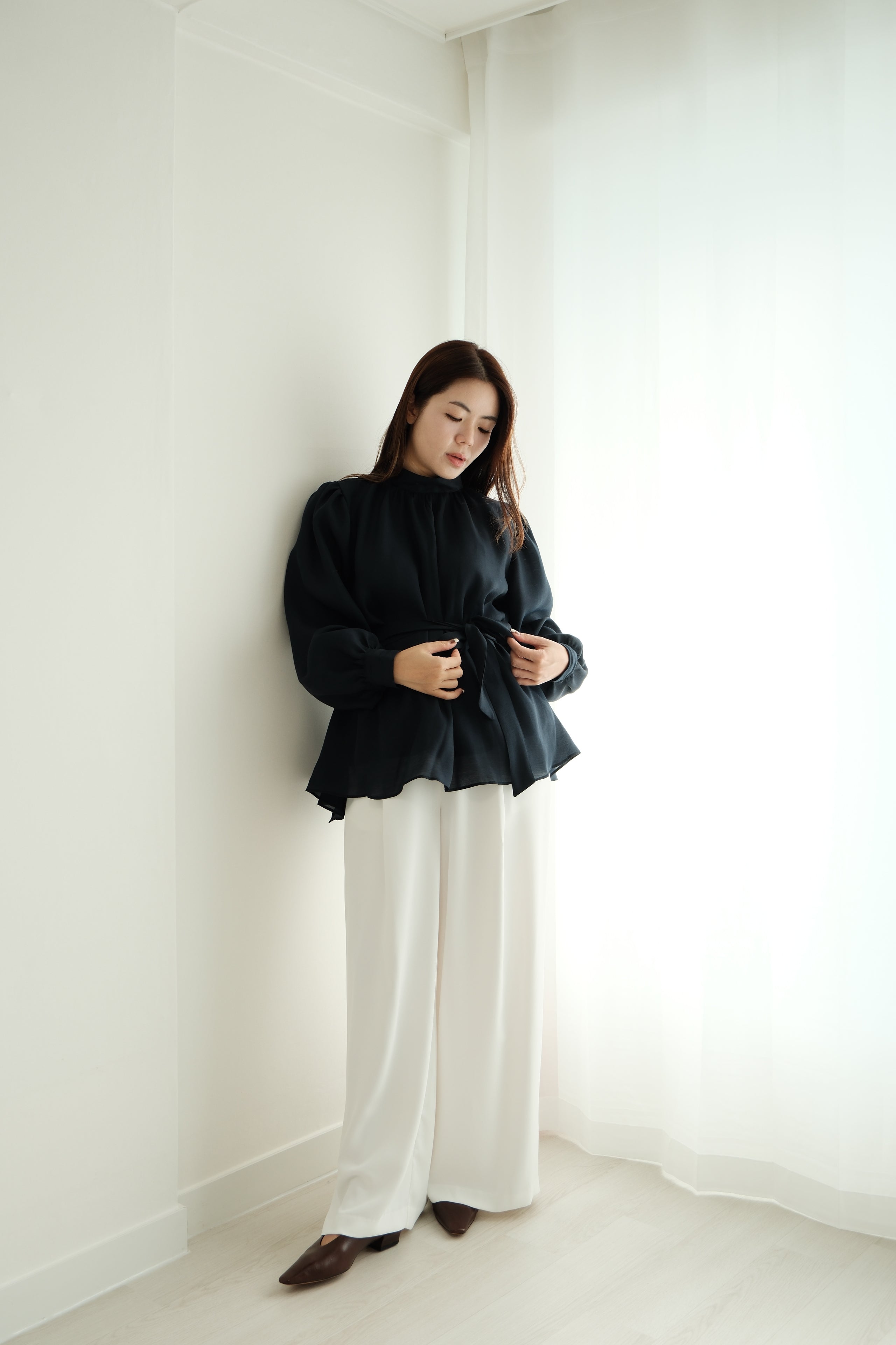 Silken Sheer Waist Tie Blouse [T0241]