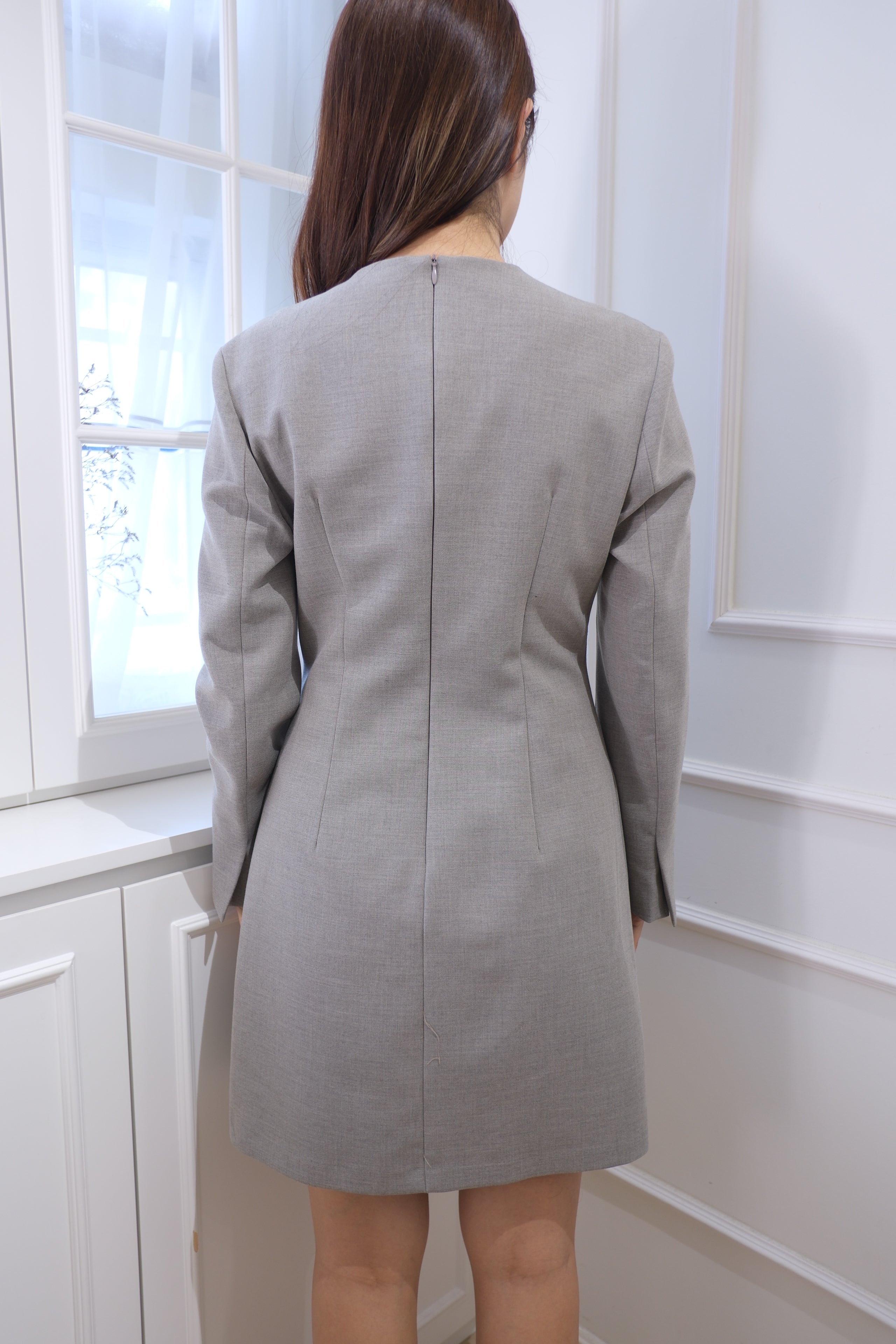 Elegant Ash Grey Long-Sleeve Shift Dress [OPS0175]