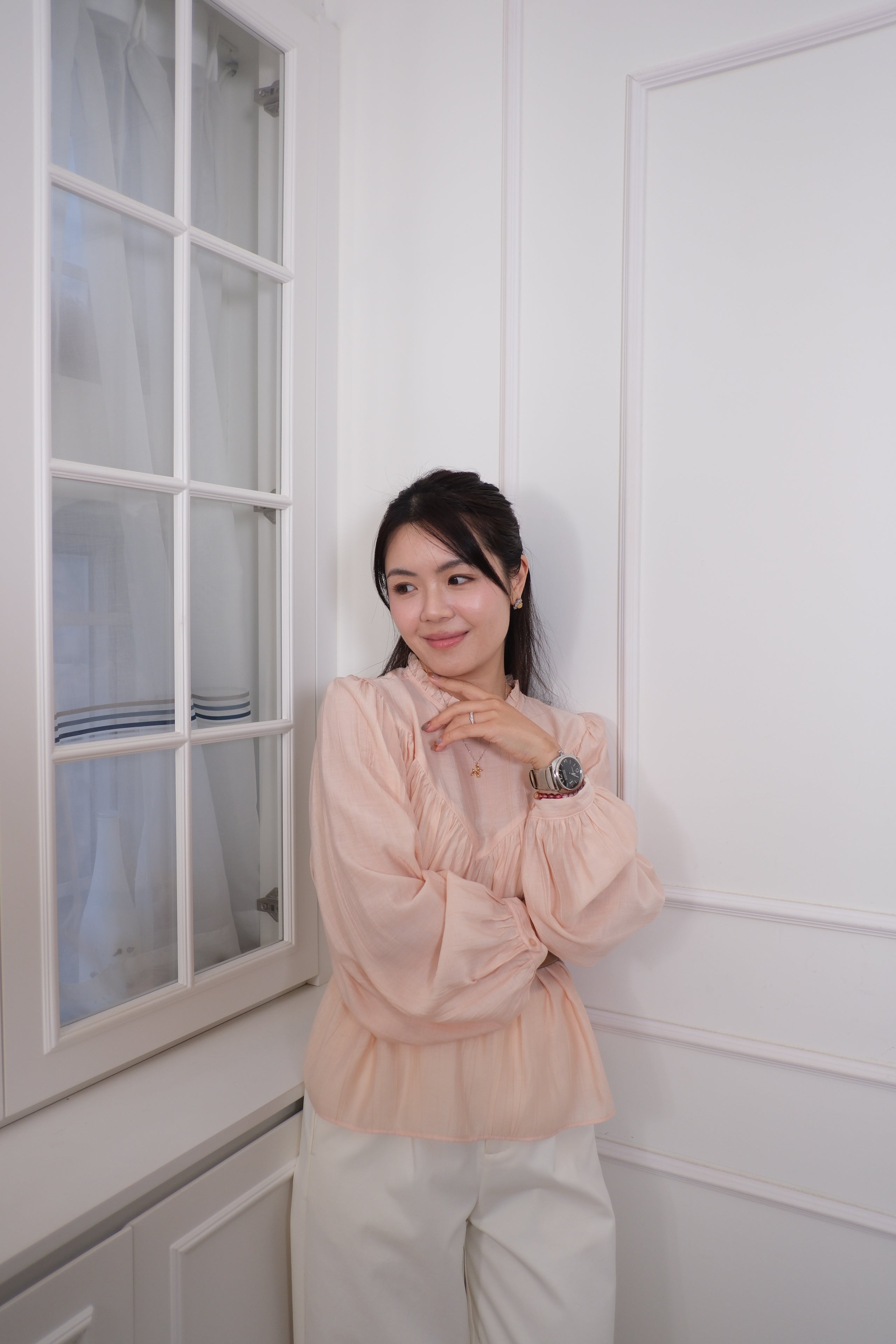 Ruffle Lace Insert Sheer Long Sleeve Top [T0262]