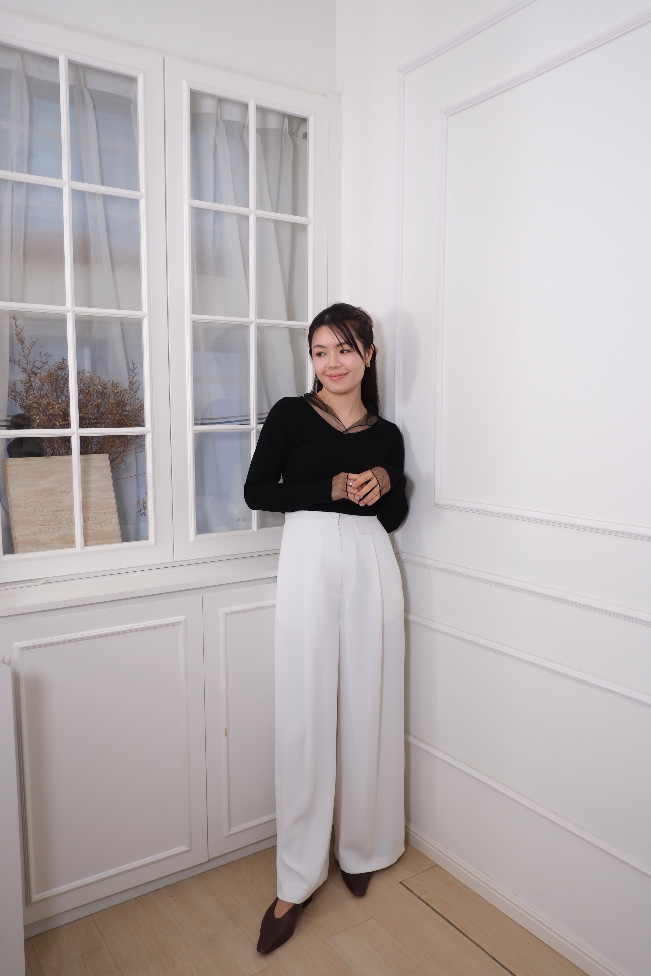 Mesh Overlay Knit Long Sleeve Top [T0258]