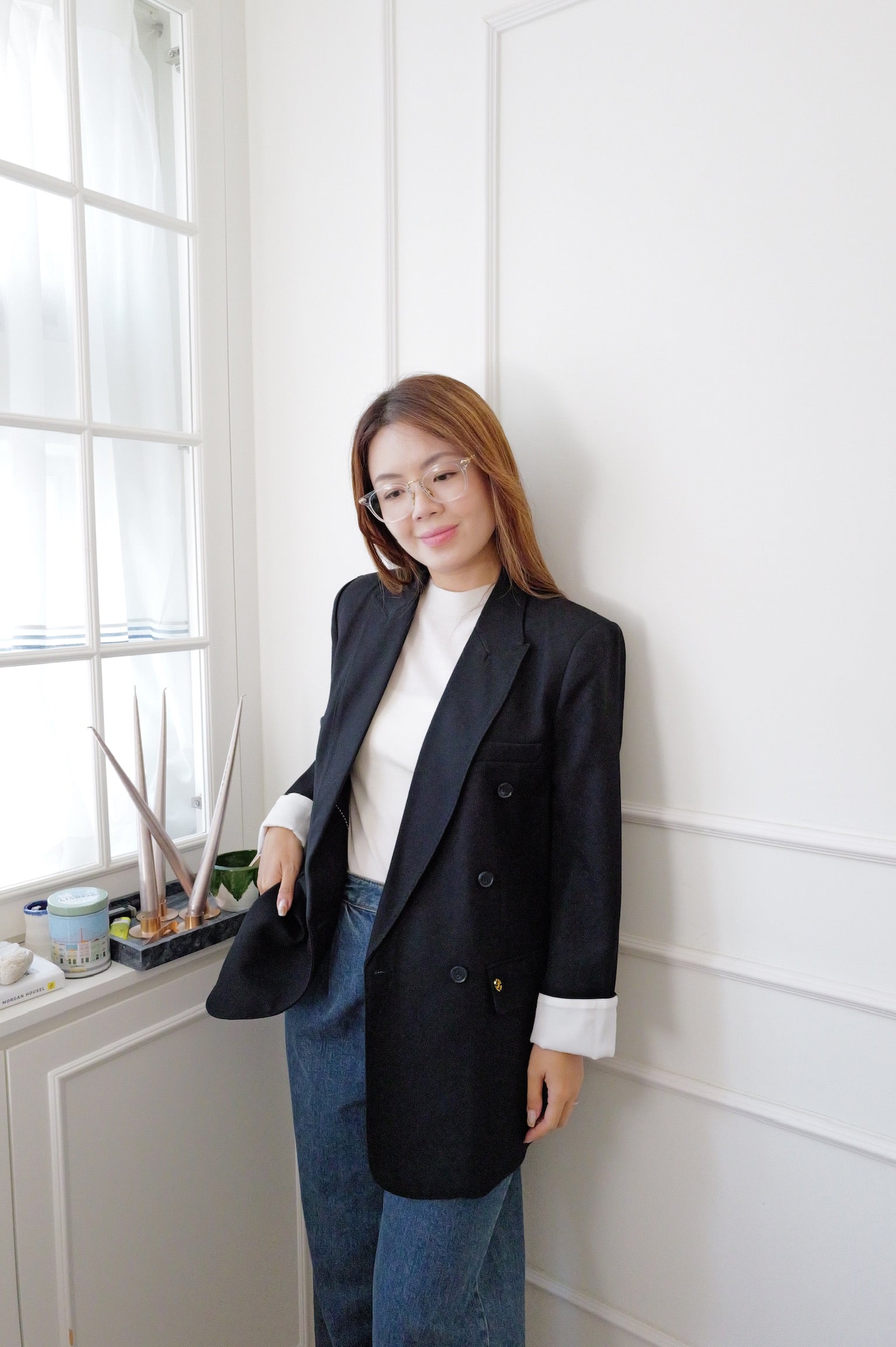 【LE ZANS PRIVÉ】Oversized Double-Breasted Blazer (59%wool,12%Silk) [J0147]