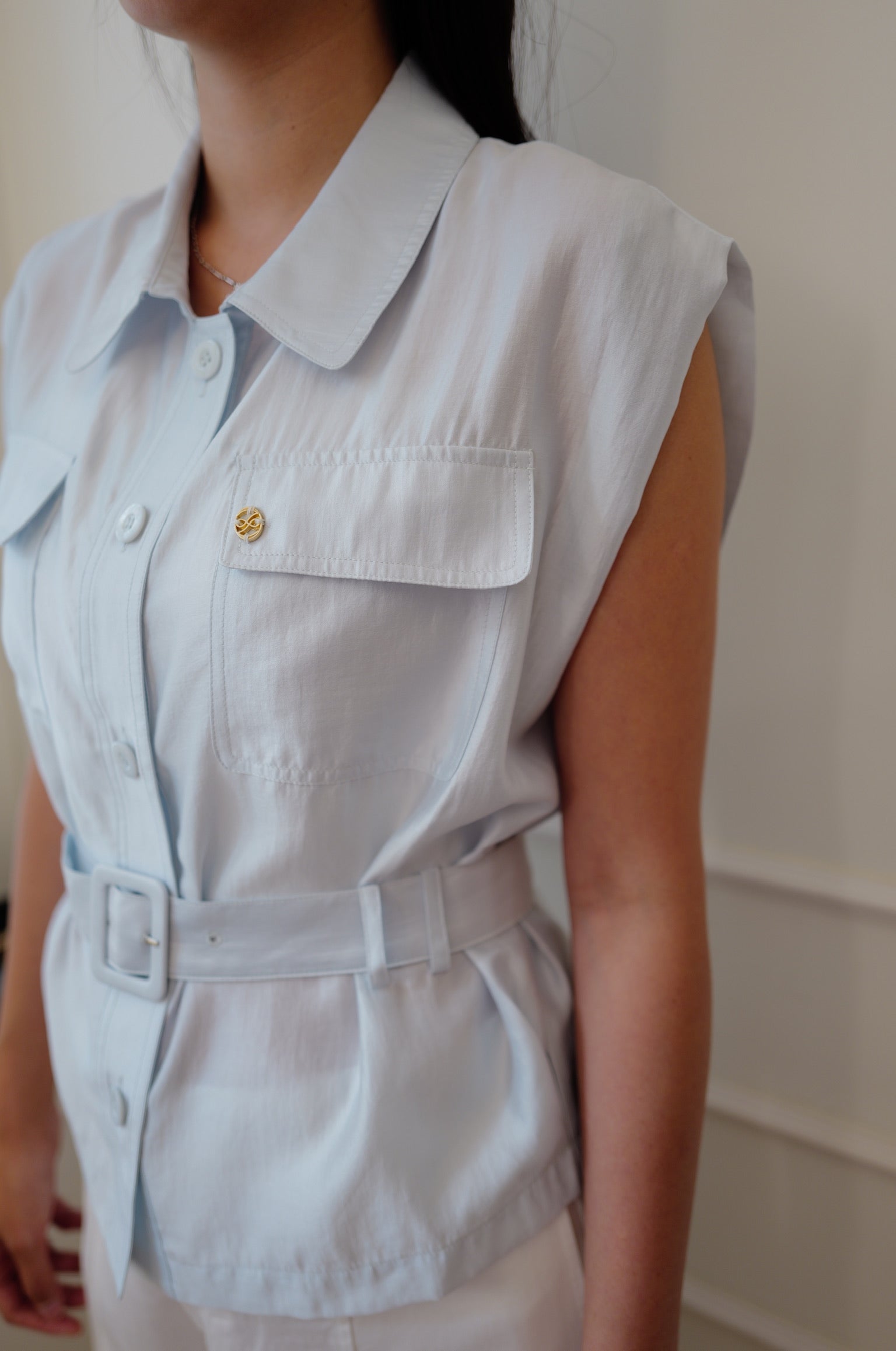【LE ZANS BRAND COLLECTION】Pastel Sleeveless Belted Shirt [T0287]