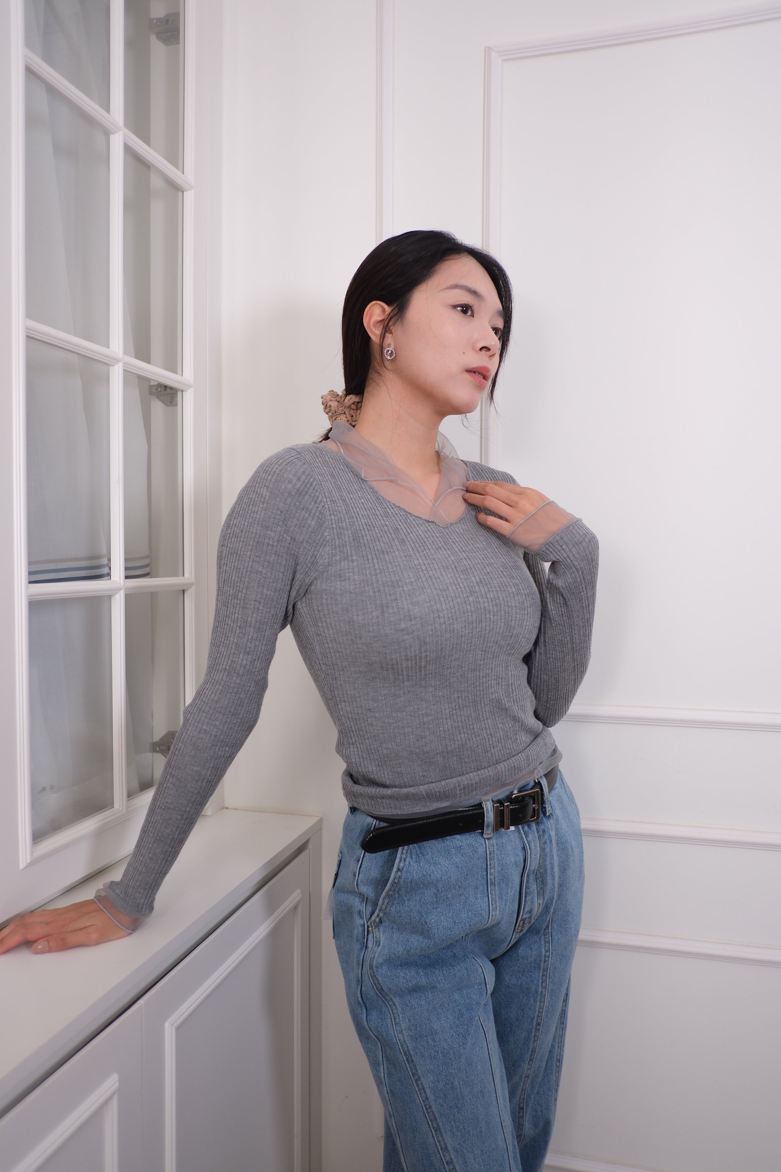 Mesh Overlay Knit Long Sleeve Top [T0258]