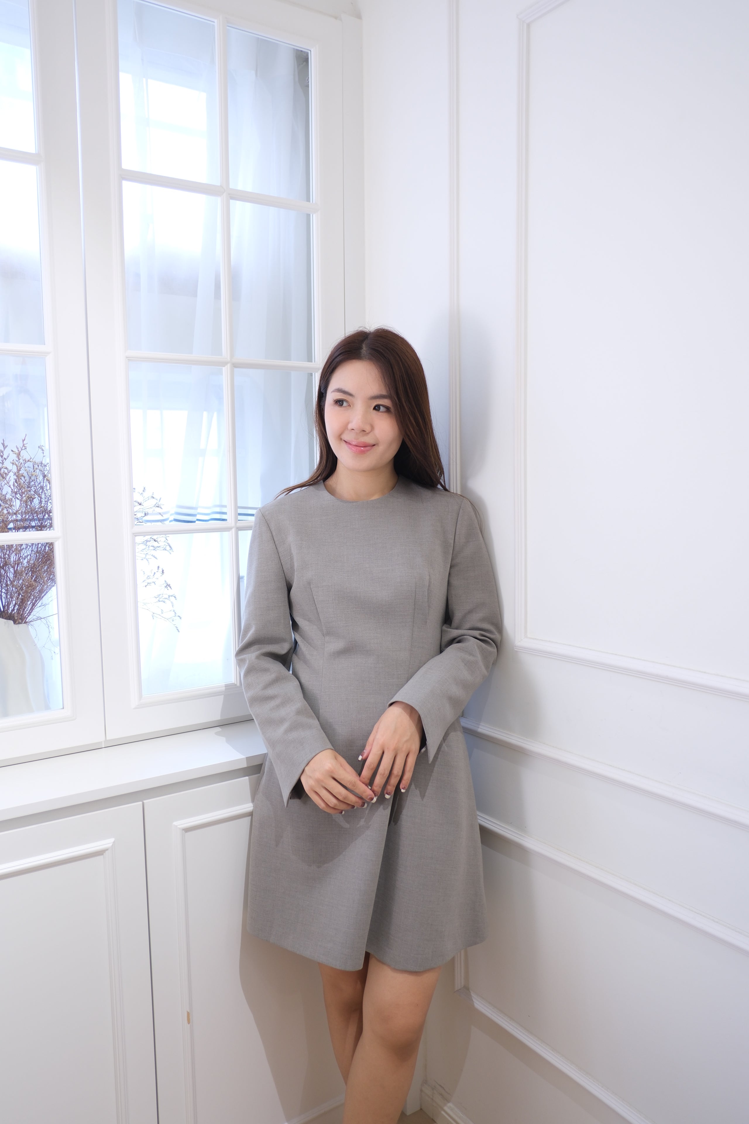 Elegant Ash Grey Long-Sleeve Shift Dress [OPS0175]
