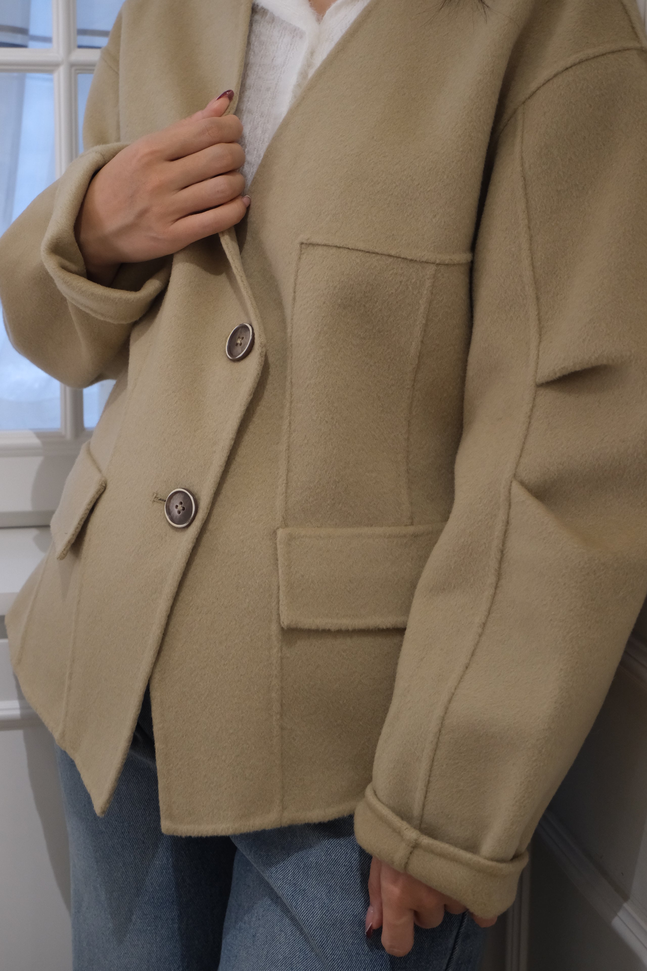 【LE ZANS BRAND COLLECTION】 Khaki Slim Open Chest Coat (100%wool) [J0069]