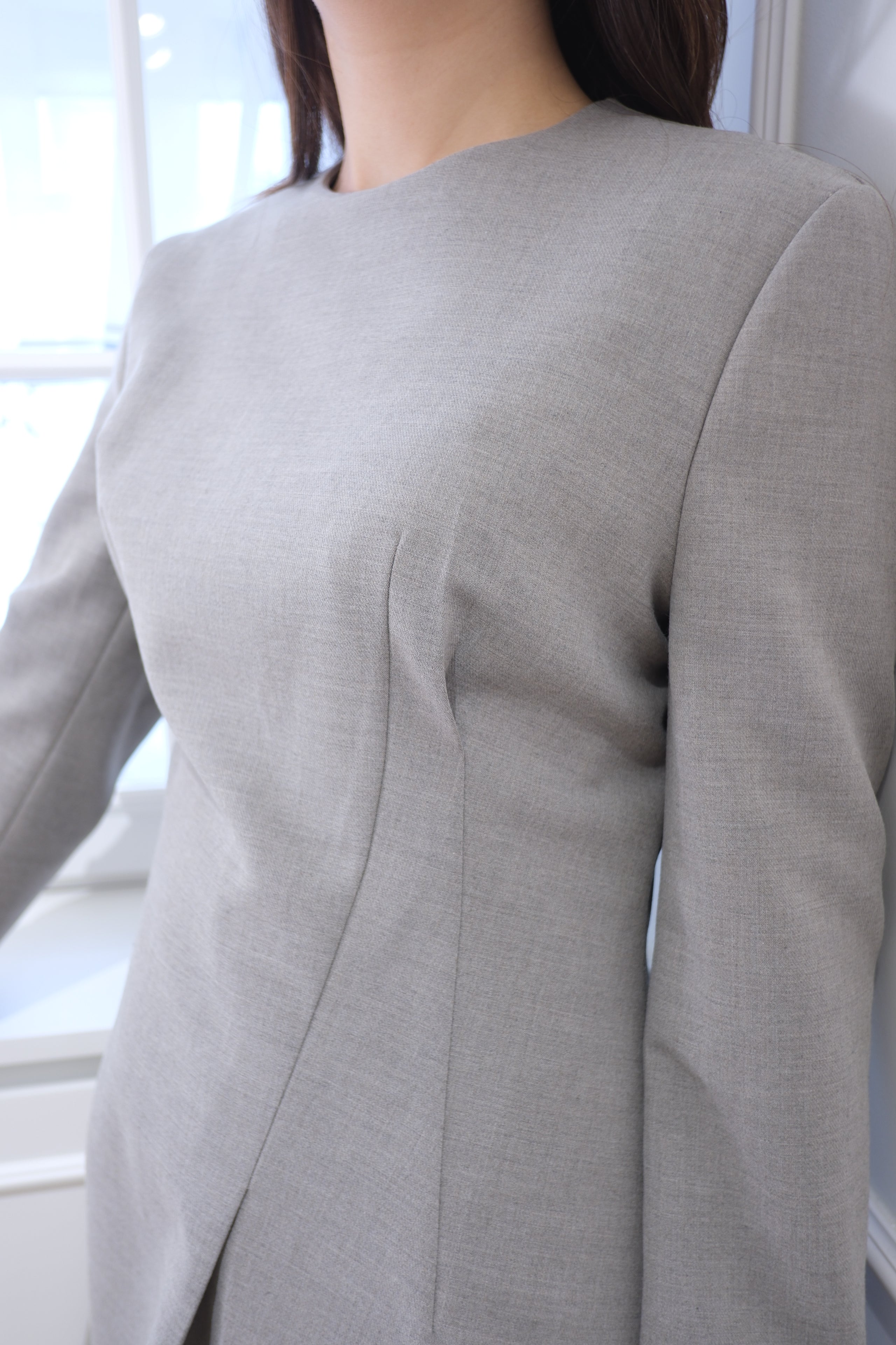 Elegant Ash Grey Long-Sleeve Shift Dress [OPS0175]